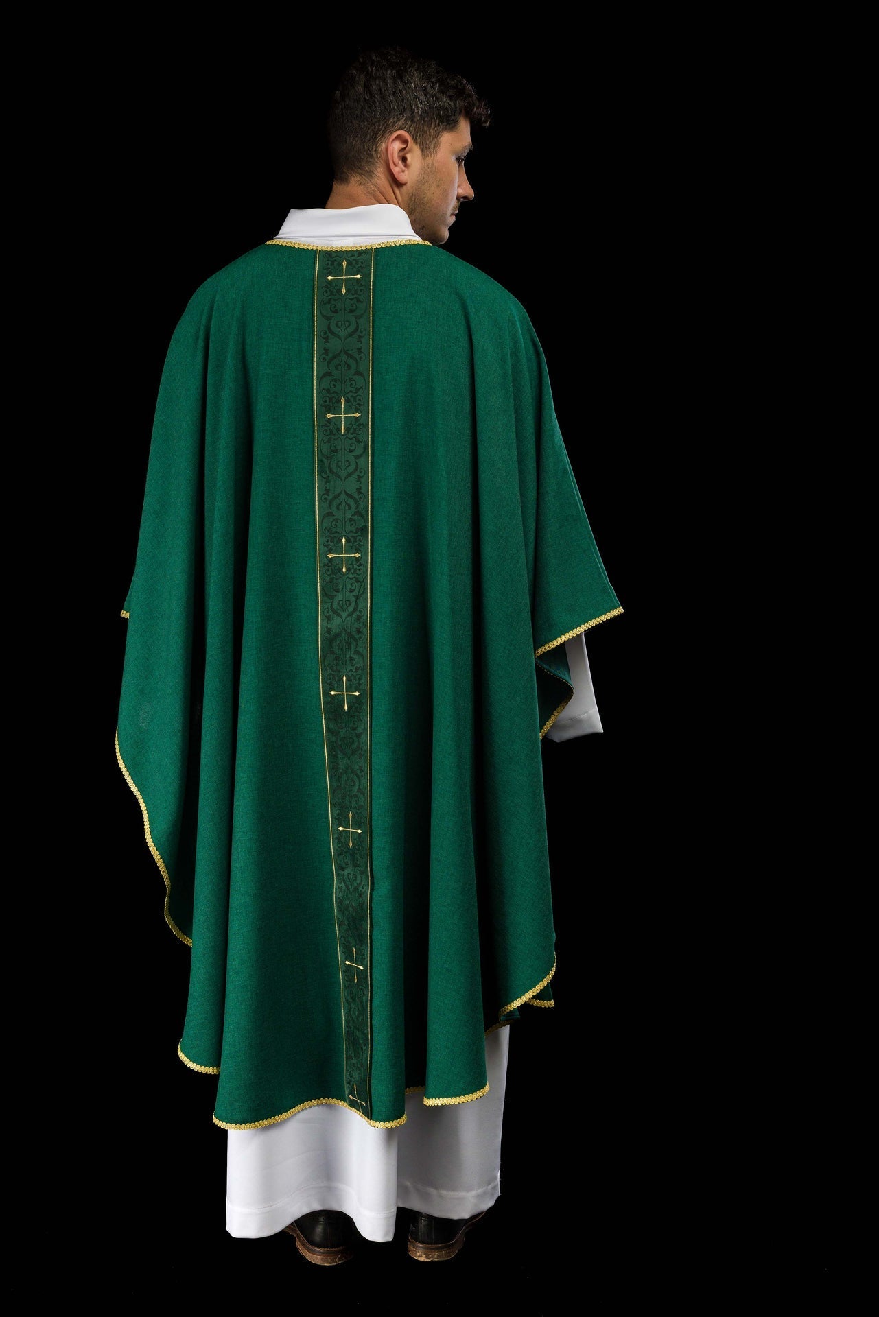 Green Chasuble with Embroidered Cross Band LE/7074/01 - CHASUBLES.COM