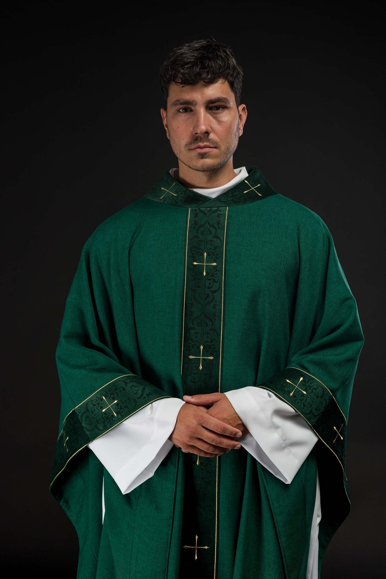 Green Chasuble with Embroidered Cross Band and Collar LE/7073/01 - CHASUBLES.COM