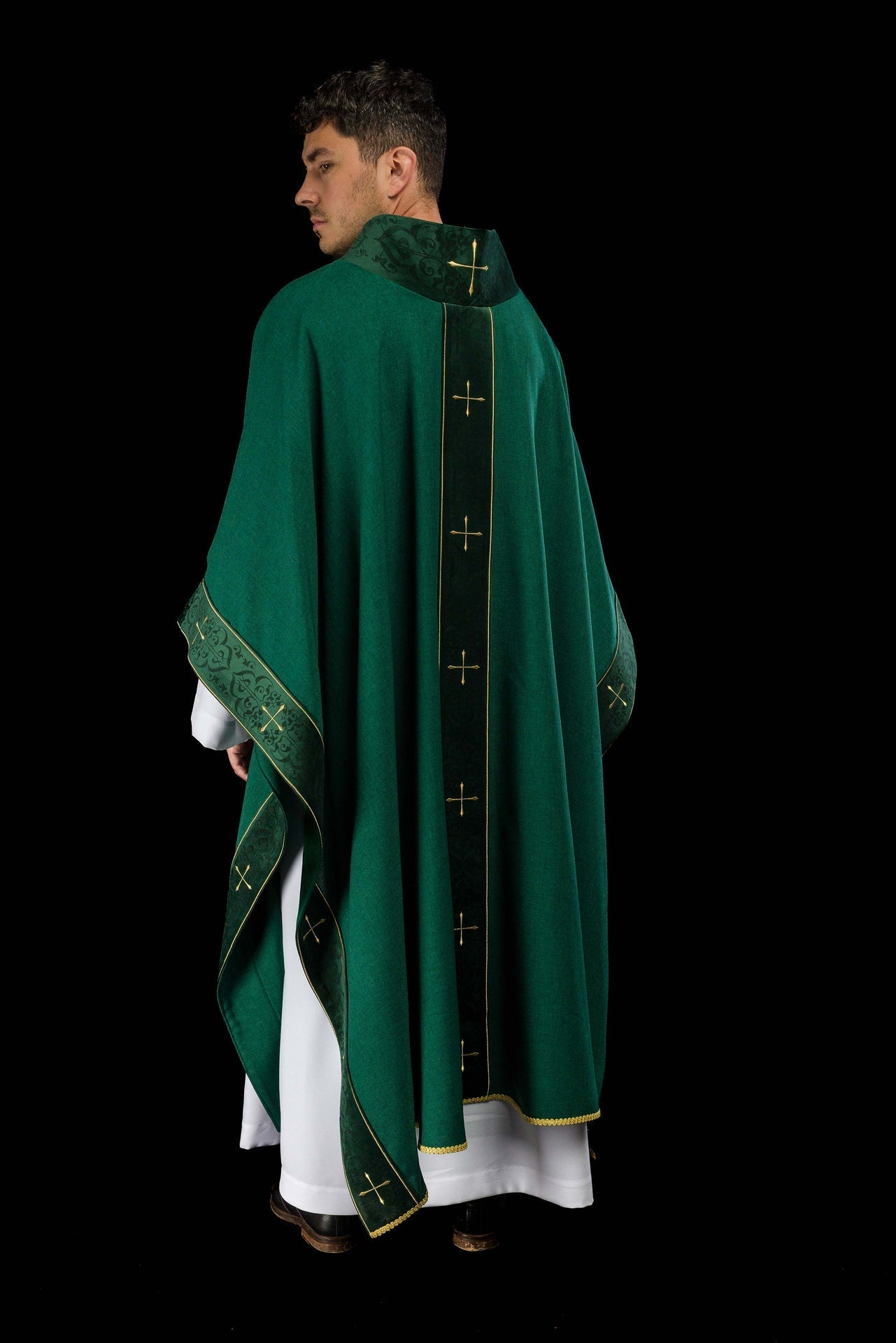 Green Chasuble with Embroidered Cross Band and Collar LE/7073/01 - CHASUBLES.COM