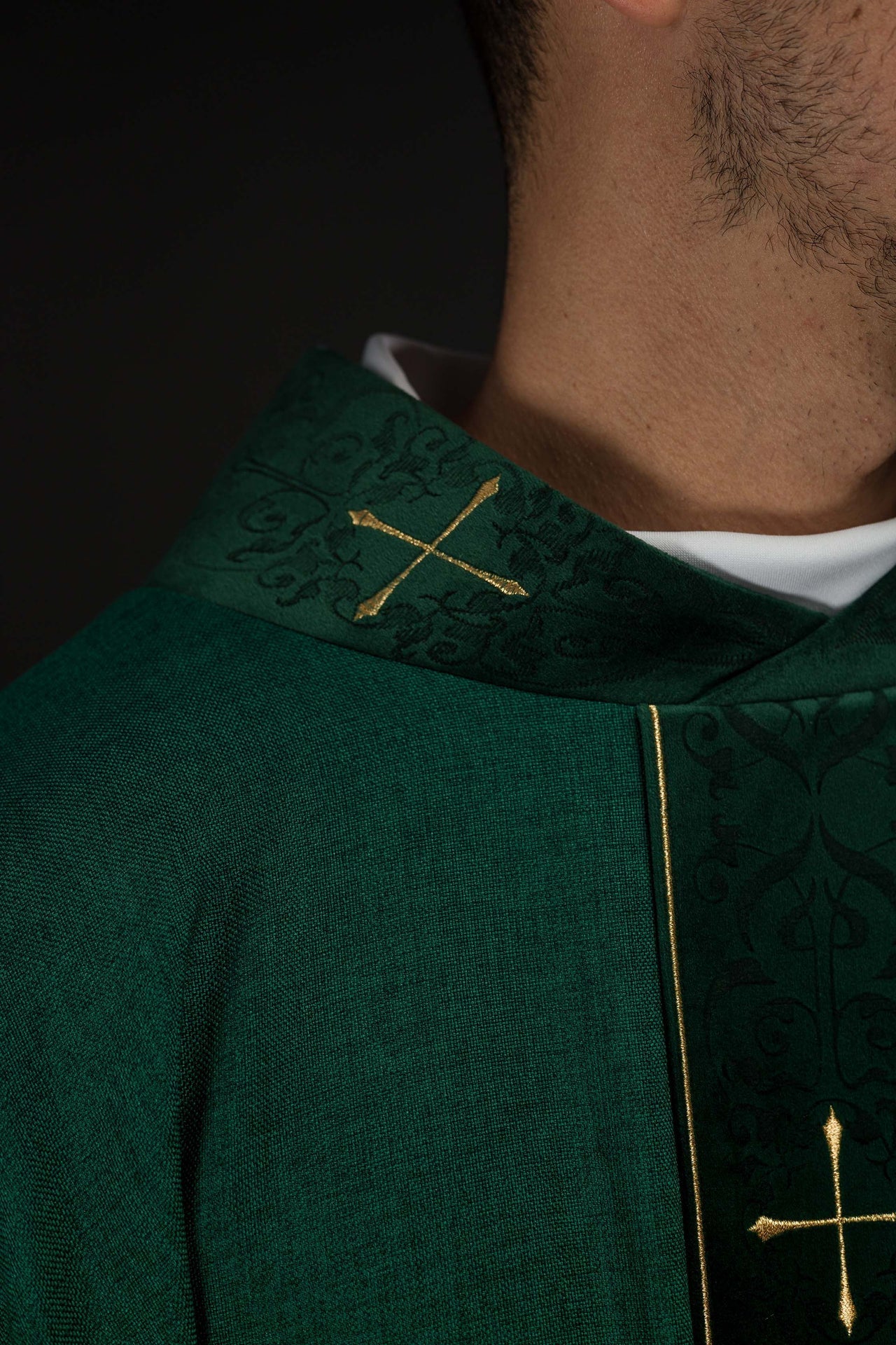 Green Chasuble with Embroidered Cross Band and Collar LE/7073/01 - CHASUBLES.COM