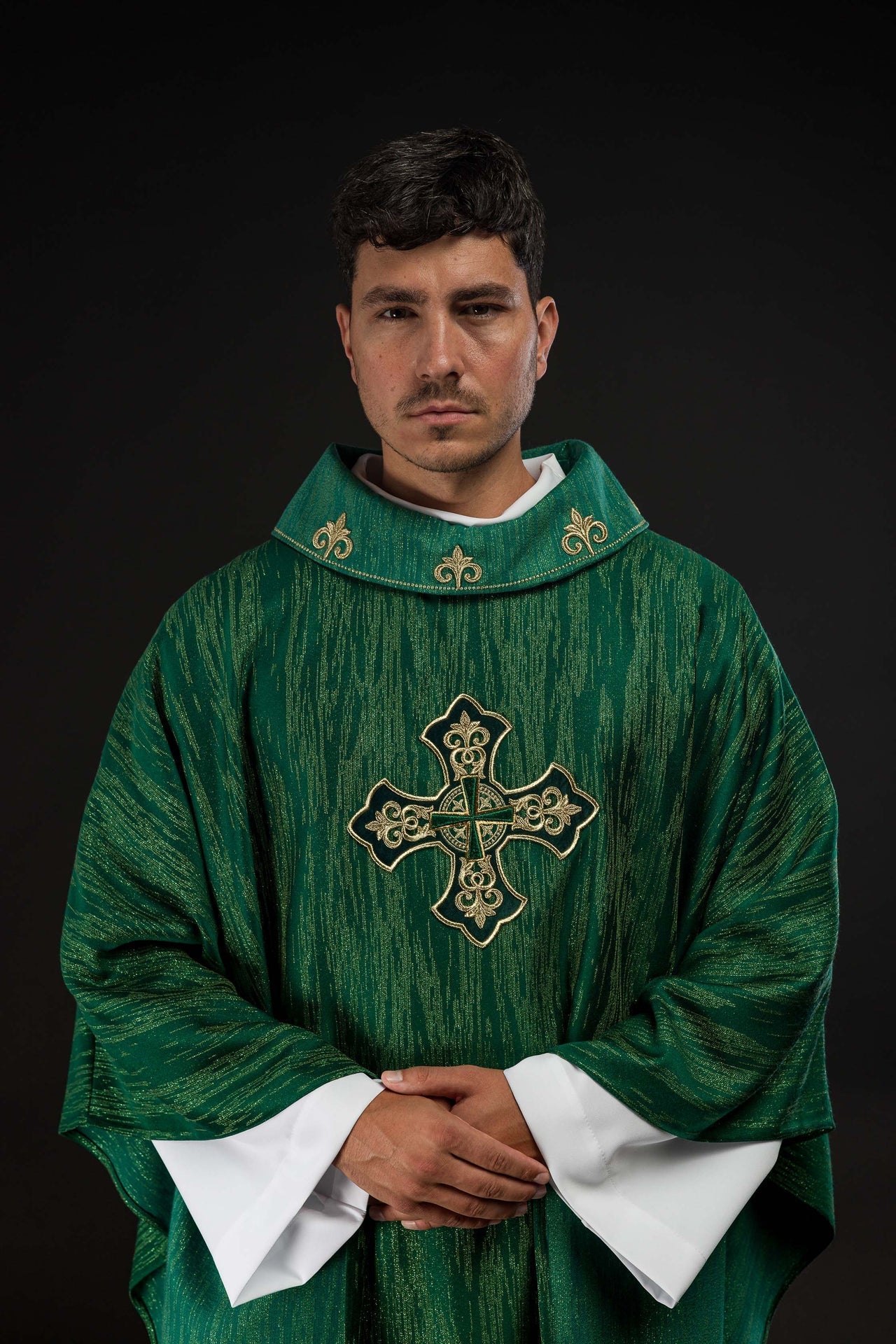 Green Chasuble with Embroidered Cross Motif on Decorative Fabric LE/7036/01 - CHASUBLES.COM