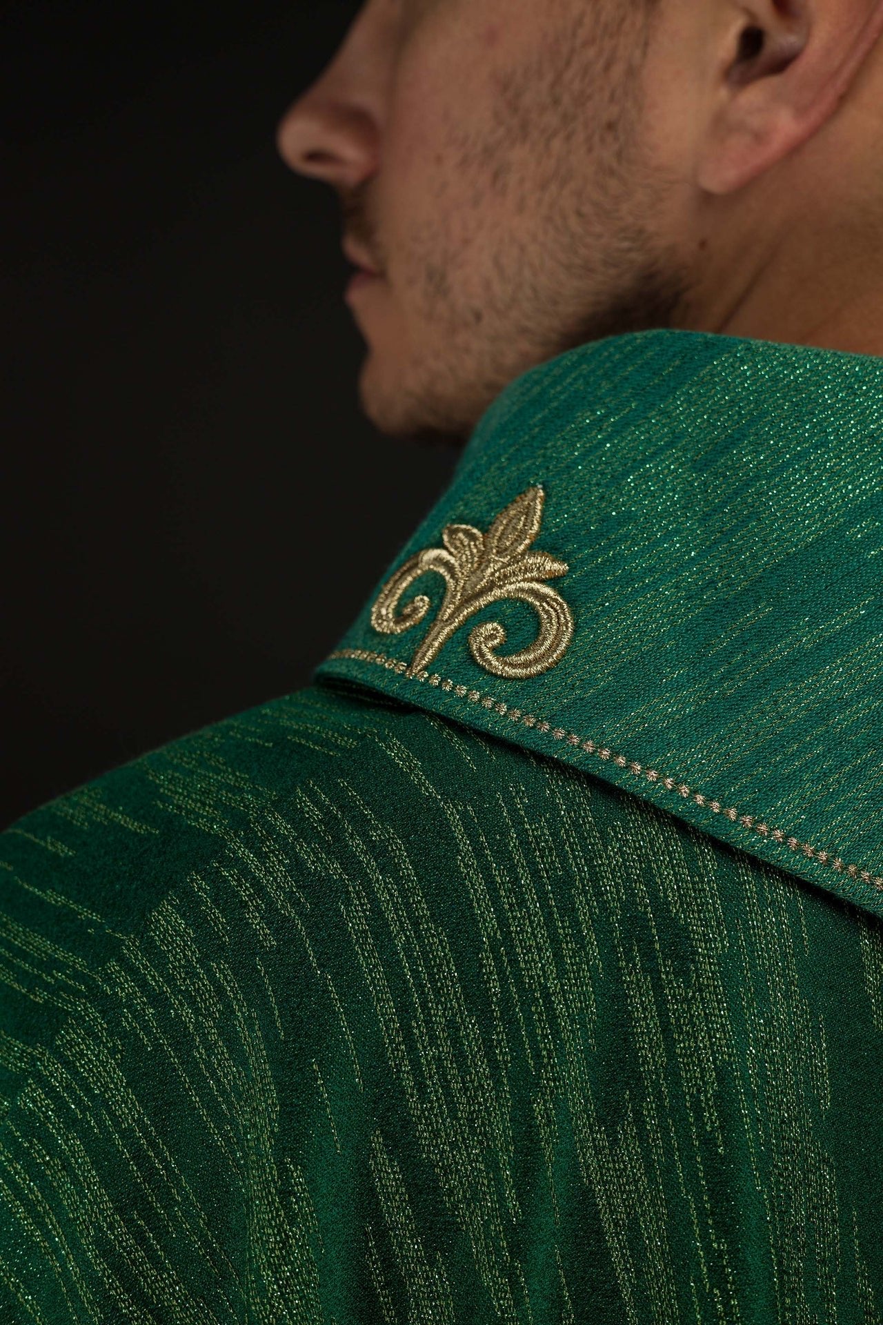 Green Chasuble with Embroidered Cross Motif on Decorative Fabric LE/7036/01 - CHASUBLES.COM
