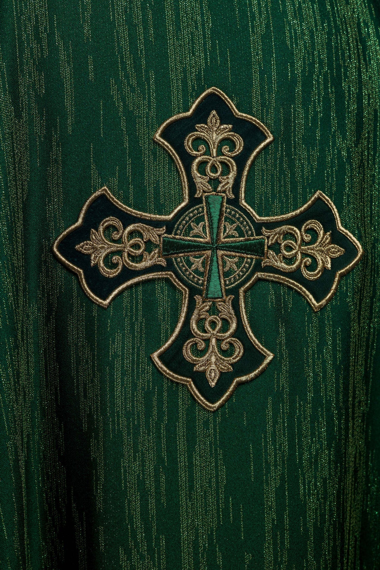 Green Chasuble with Embroidered Cross Motif on Decorative Fabric LE/7036/01 - CHASUBLES.COM