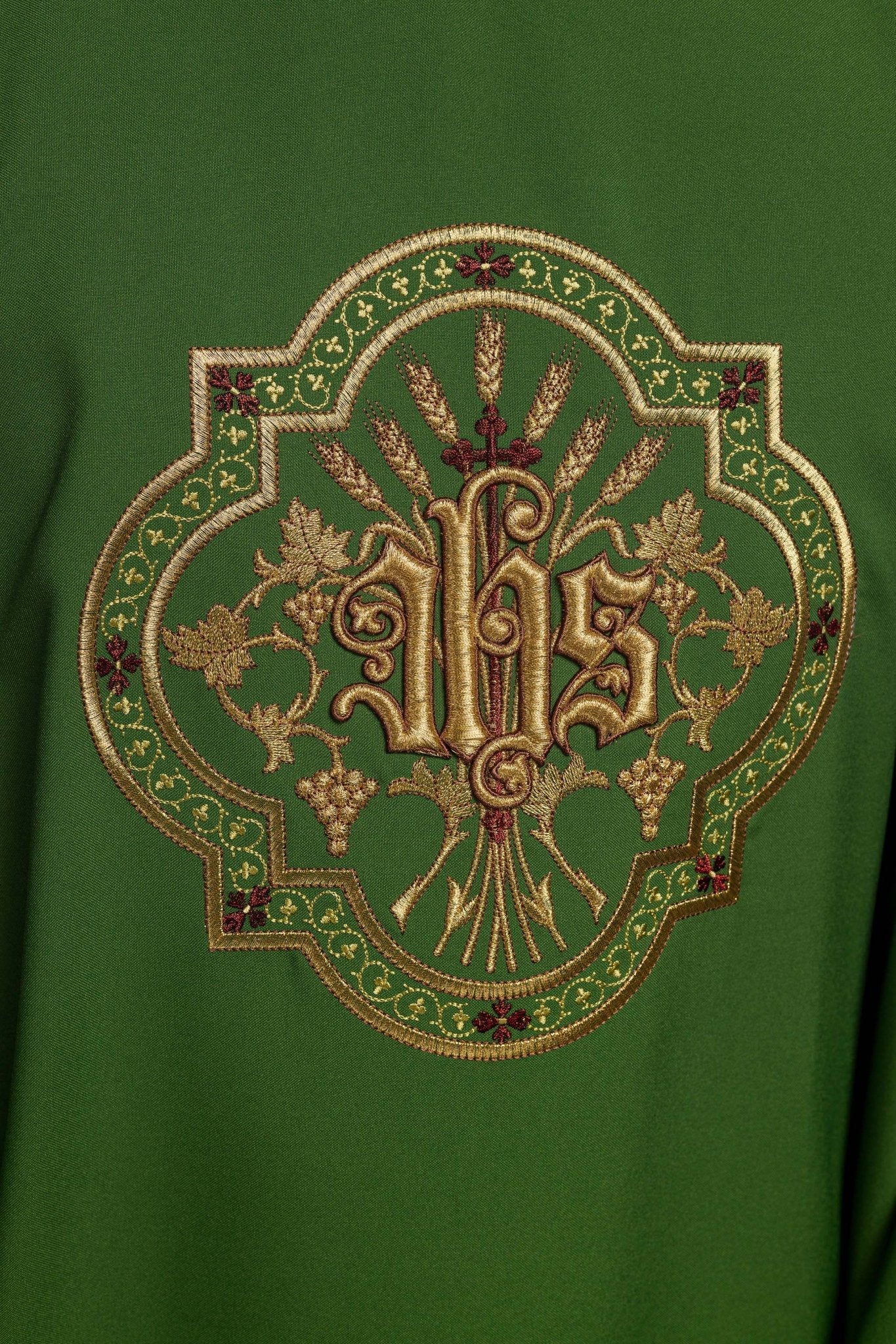 Green chasuble with IHS and PAX embroidery KOR/119/01/01 ZIELONY - HAFTINAUSA.COM