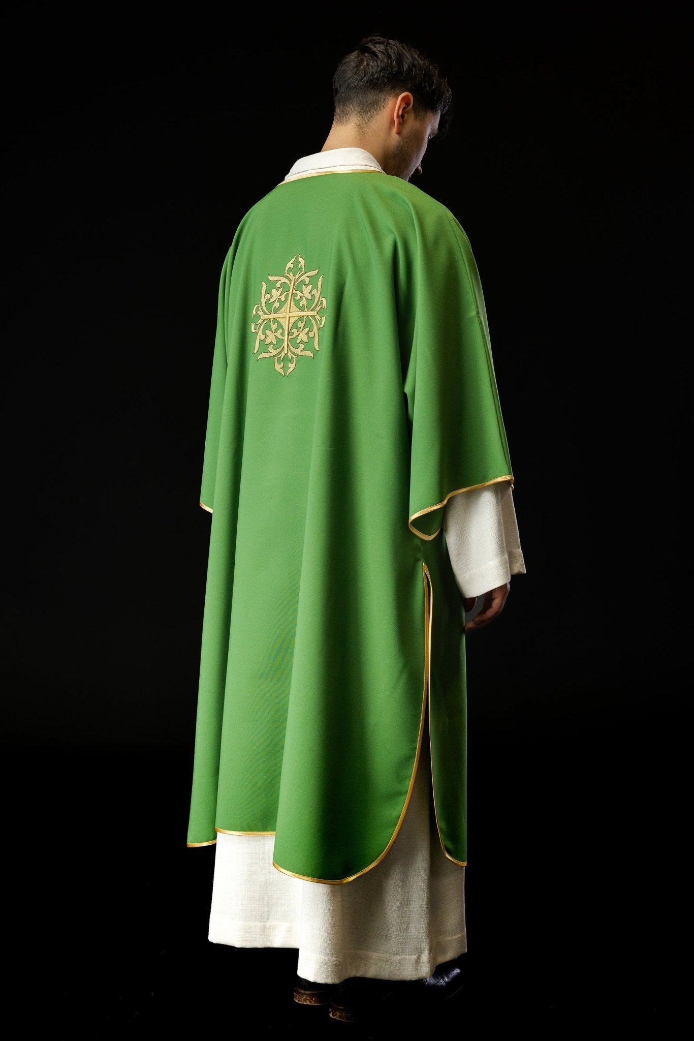 Green Dalmatian with embroidered gold cross KDL/382/01/12/A - HAFTINAUSA.COM