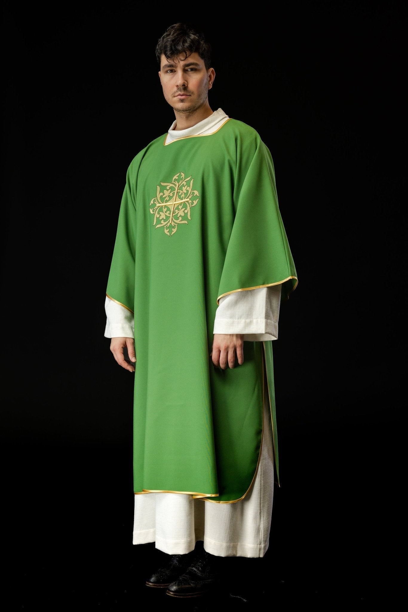 Green Dalmatian with embroidered gold cross KDL/382/01/12/A - HAFTINAUSA.COM
