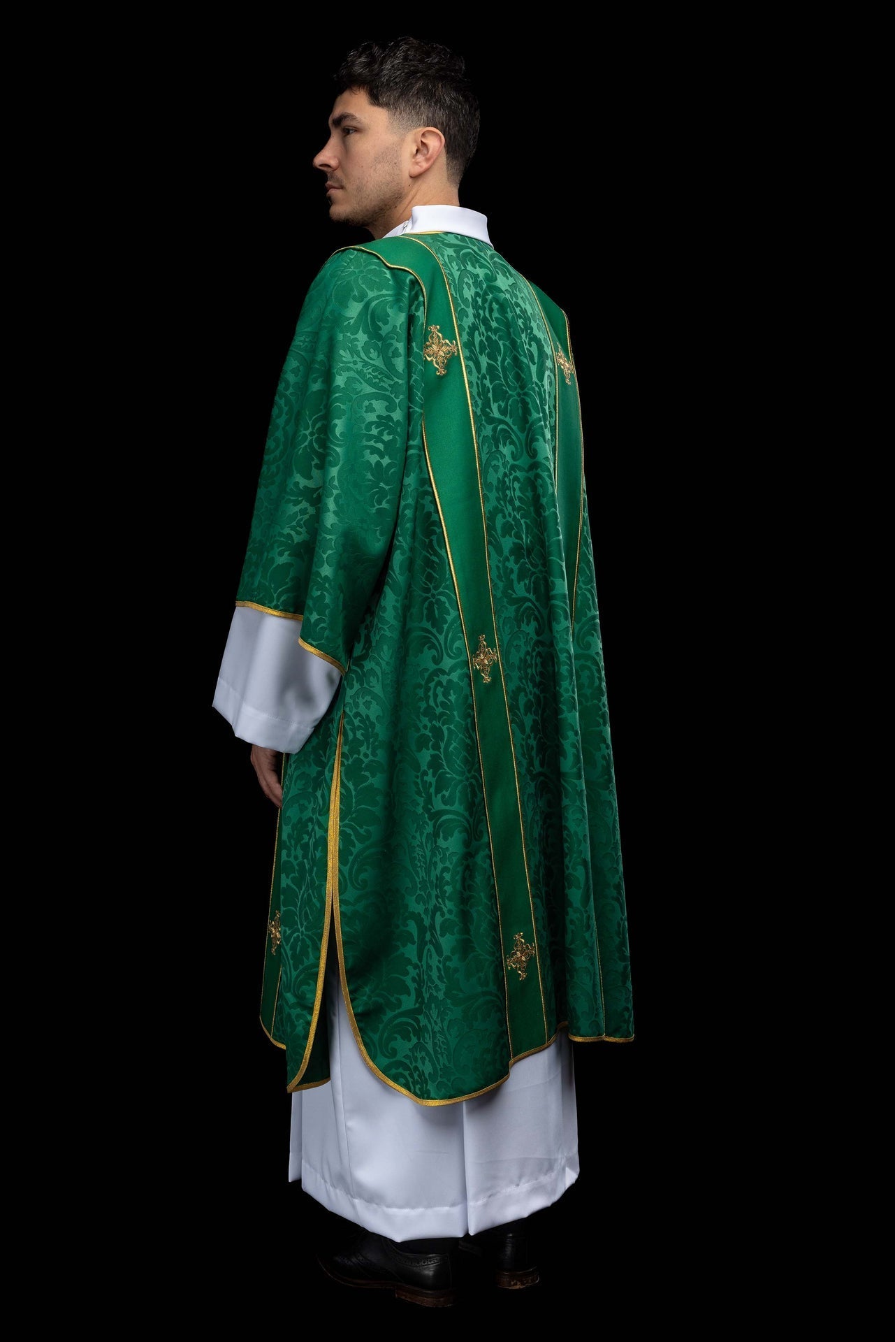 Green dalmatic in jacquard with bands and embroidered gold crosses KDL/284/01/81/B - CHASUBLES.COM