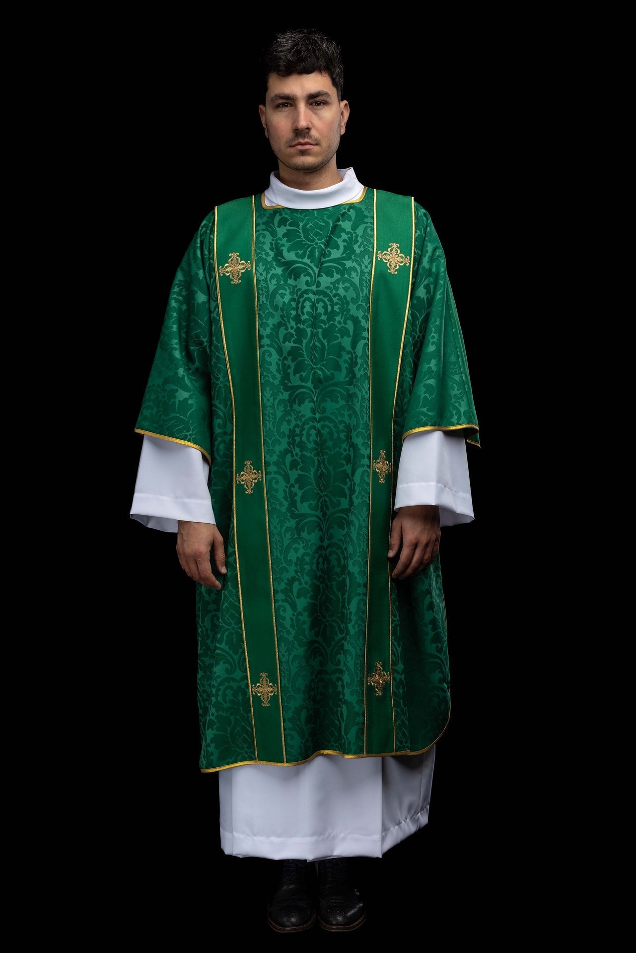 Green dalmatic in jacquard with bands and embroidered gold crosses KDL/284/01/81/B - CHASUBLES.COM