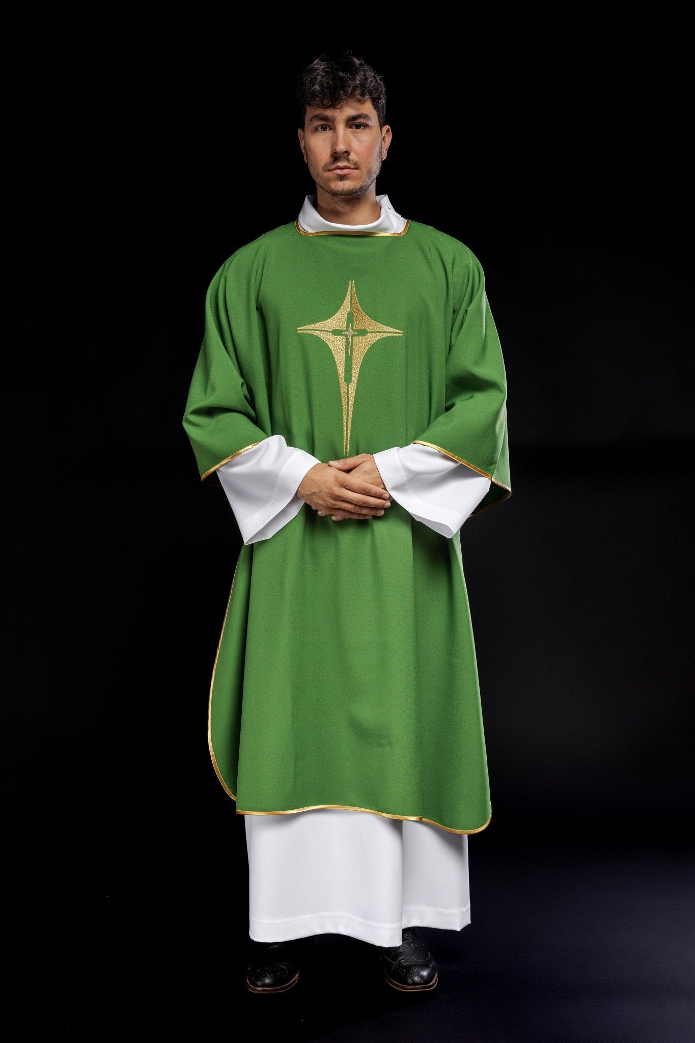 Green Dalmatic with Embroidered Gold Cross KDL/214/01/12/D - HAFTINAUSA.COM