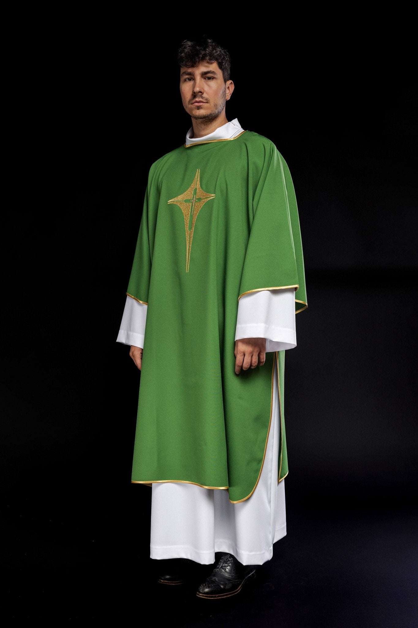 Green Dalmatic with Embroidered Gold Cross KDL/214/01/12/D - HAFTINAUSA.COM