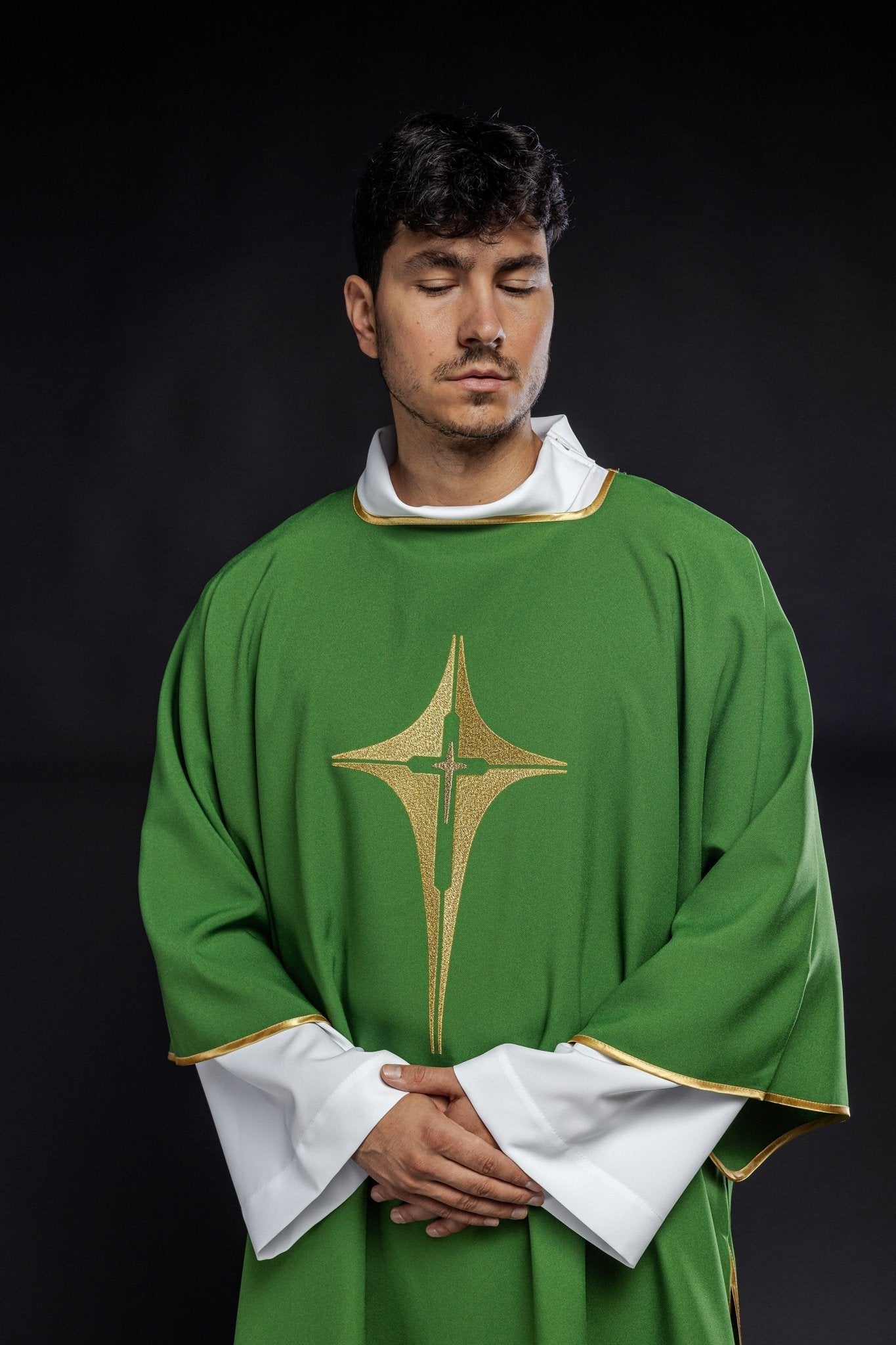 Green Dalmatic with Embroidered Gold Cross KDL/214/01/12/D - HAFTINAUSA.COM