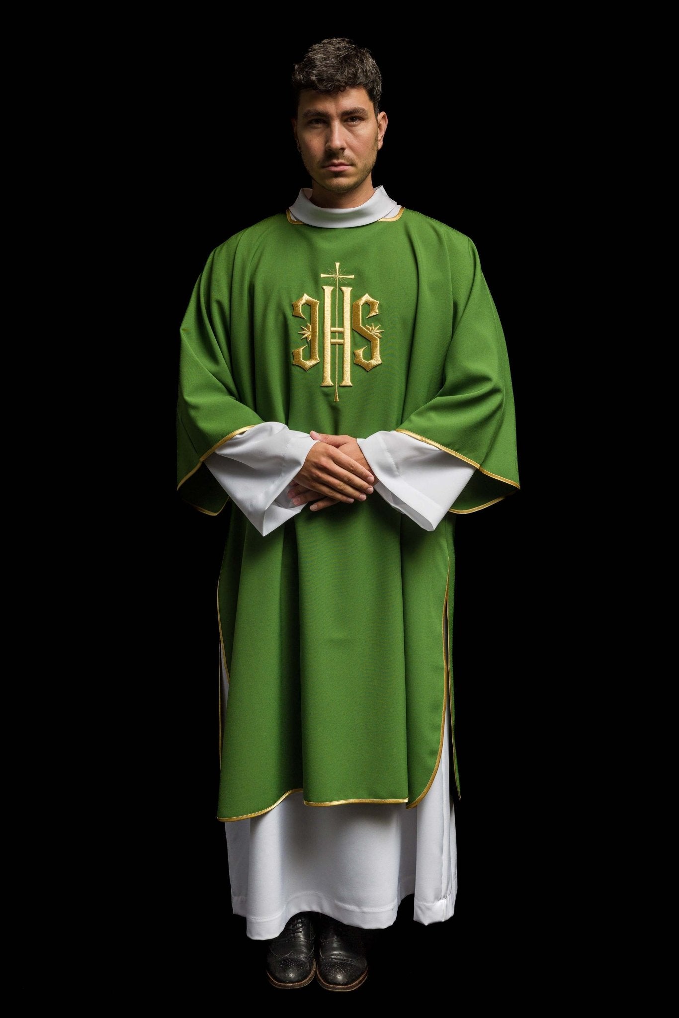 Green Dalmatic with Embroidered Gold IHS KDL/215/01/12/D - CHASUBLES.COM