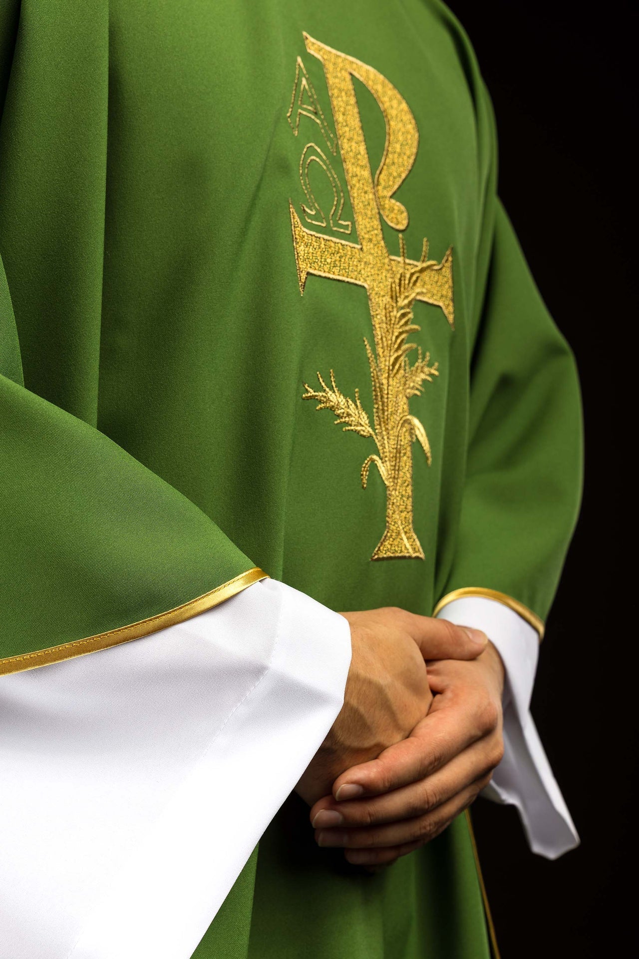 Green embroidered chasuble with Alpha and Omega symbol and wide collar KOK/004/01/12/KARO - CHASUBLES.COM