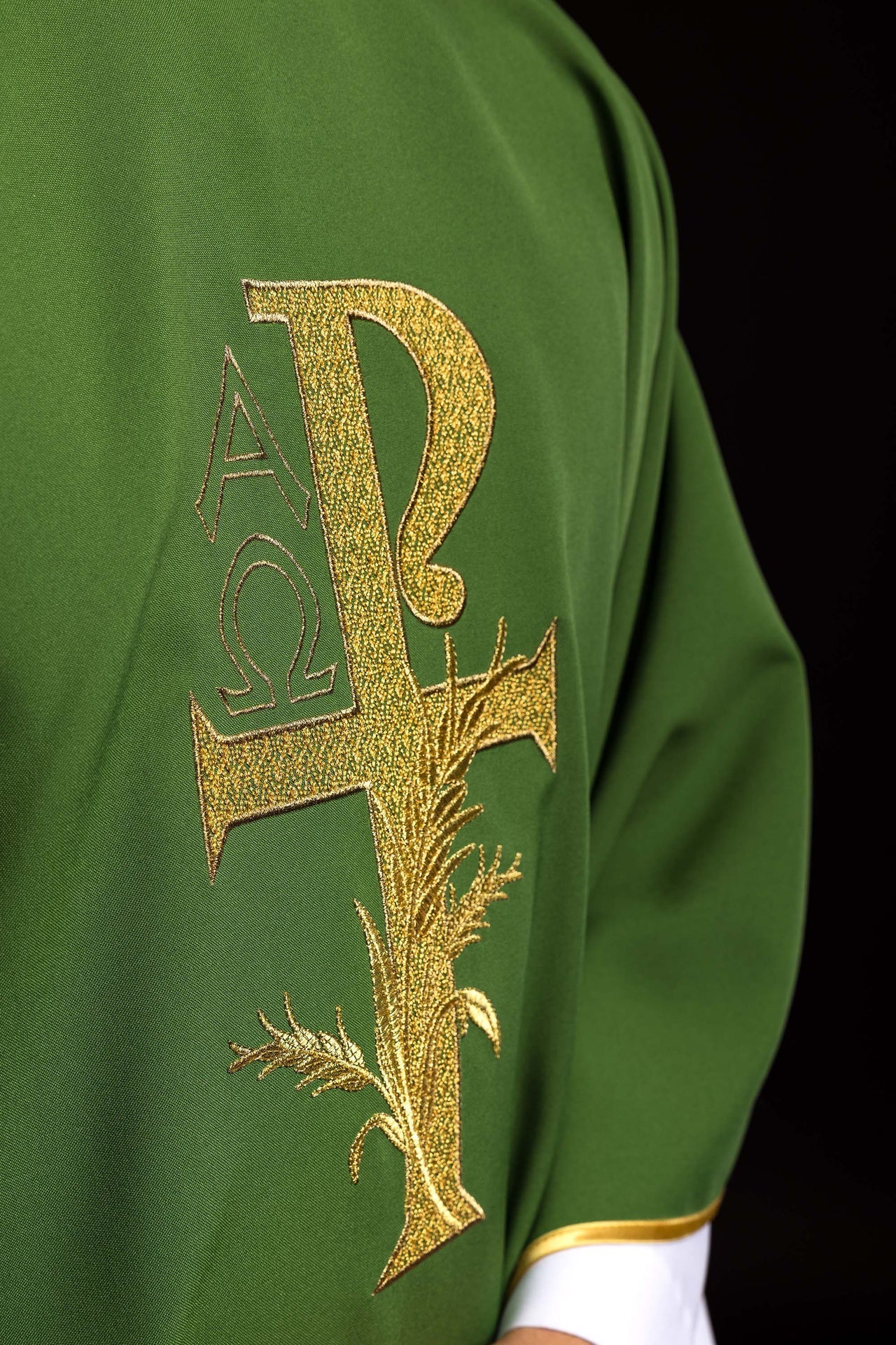Green embroidered chasuble with Alpha and Omega symbol and wide collar KOK/004/01/12/KARO - CHASUBLES.COM