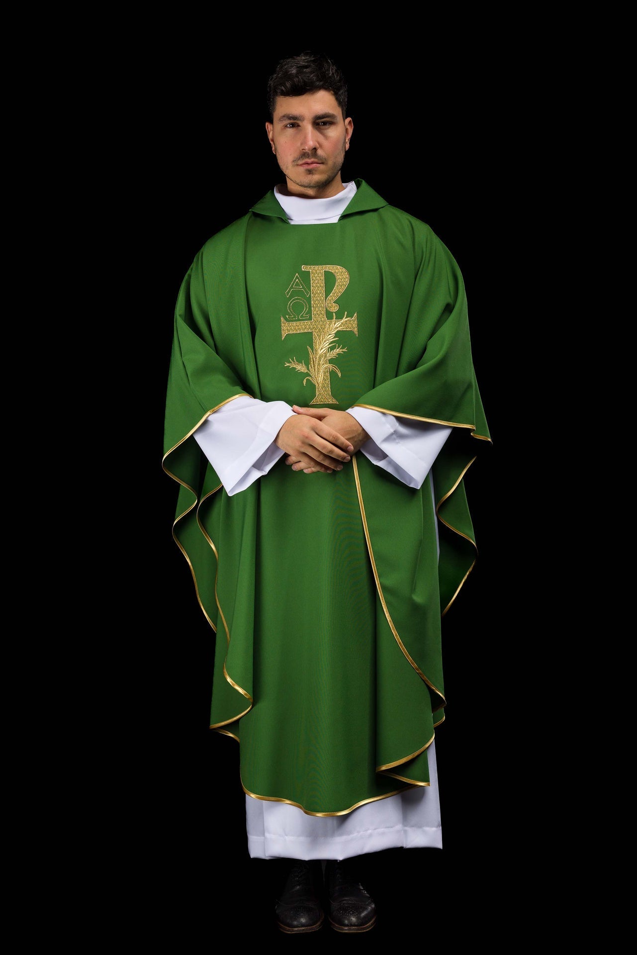 Green embroidered chasuble with Alpha and Omega symbol and wide collar KOK/004/01/12/KARO - CHASUBLES.COM
