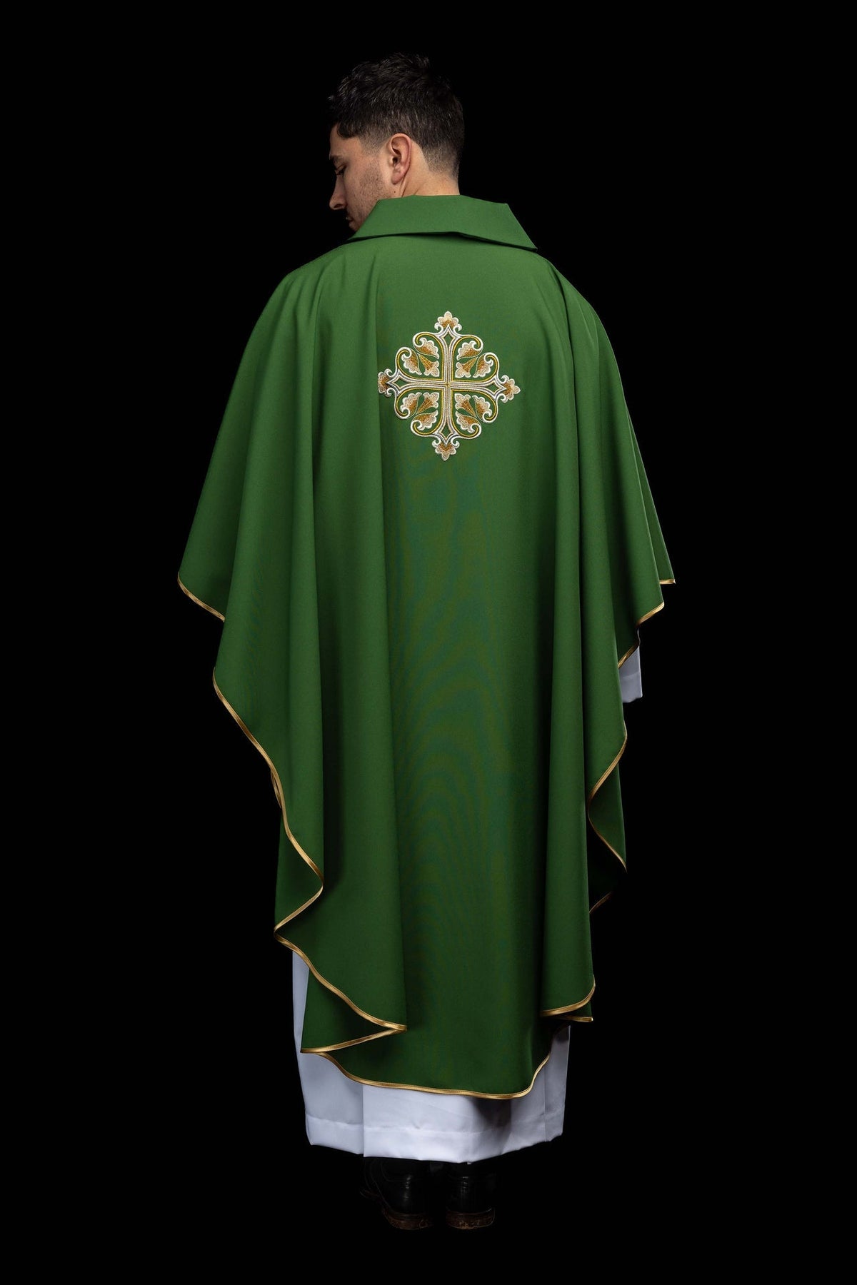 Green embroidered chasuble with an ornate cross and a wide collar KOK/003/01/12/KARO - CHASUBLES.COM