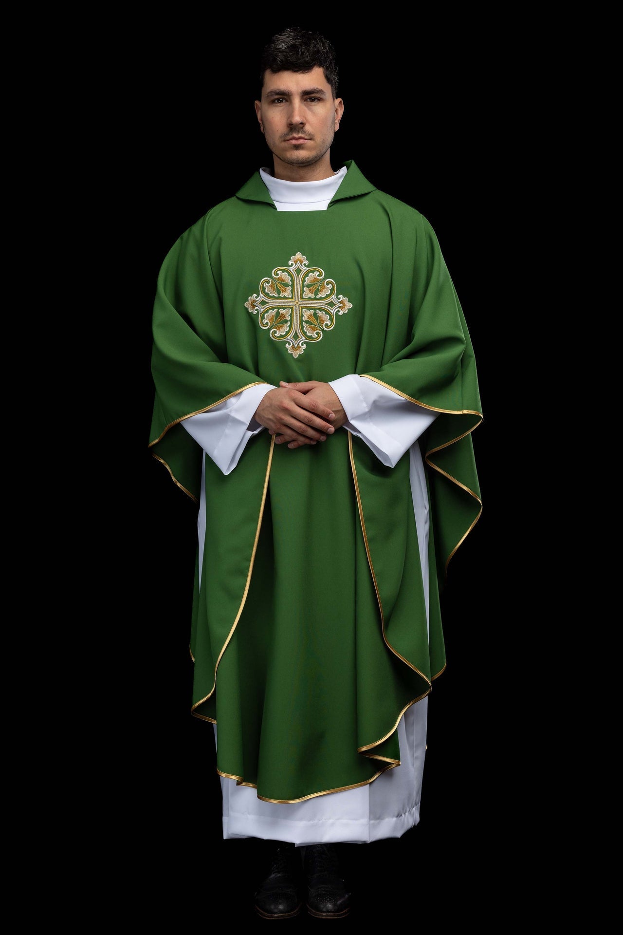 Green embroidered chasuble with an ornate cross and a wide collar KOK/003/01/12/KARO - CHASUBLES.COM