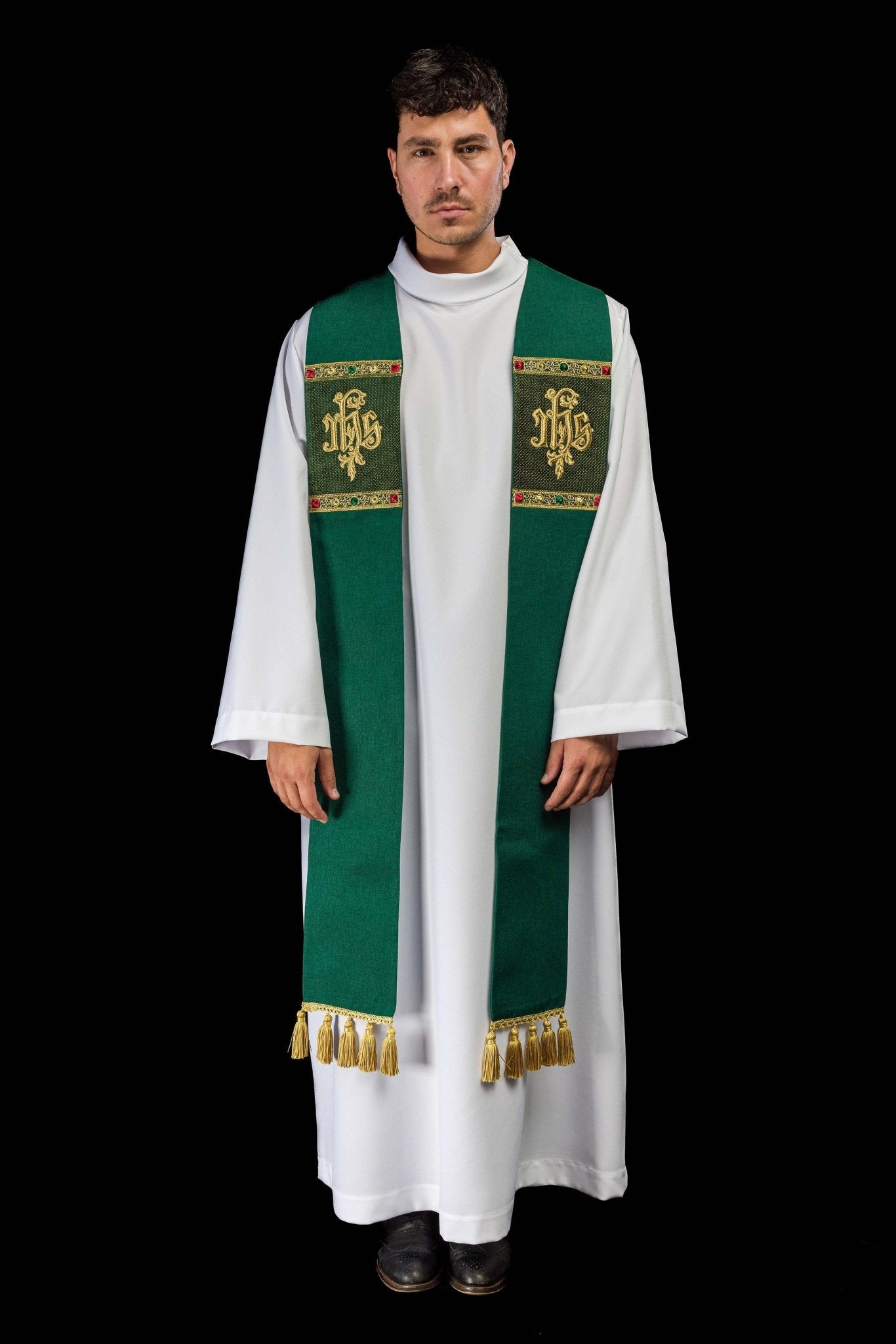 Green embroidered stole with IHS motif S-2067-01-70 - CHASUBLES.COM