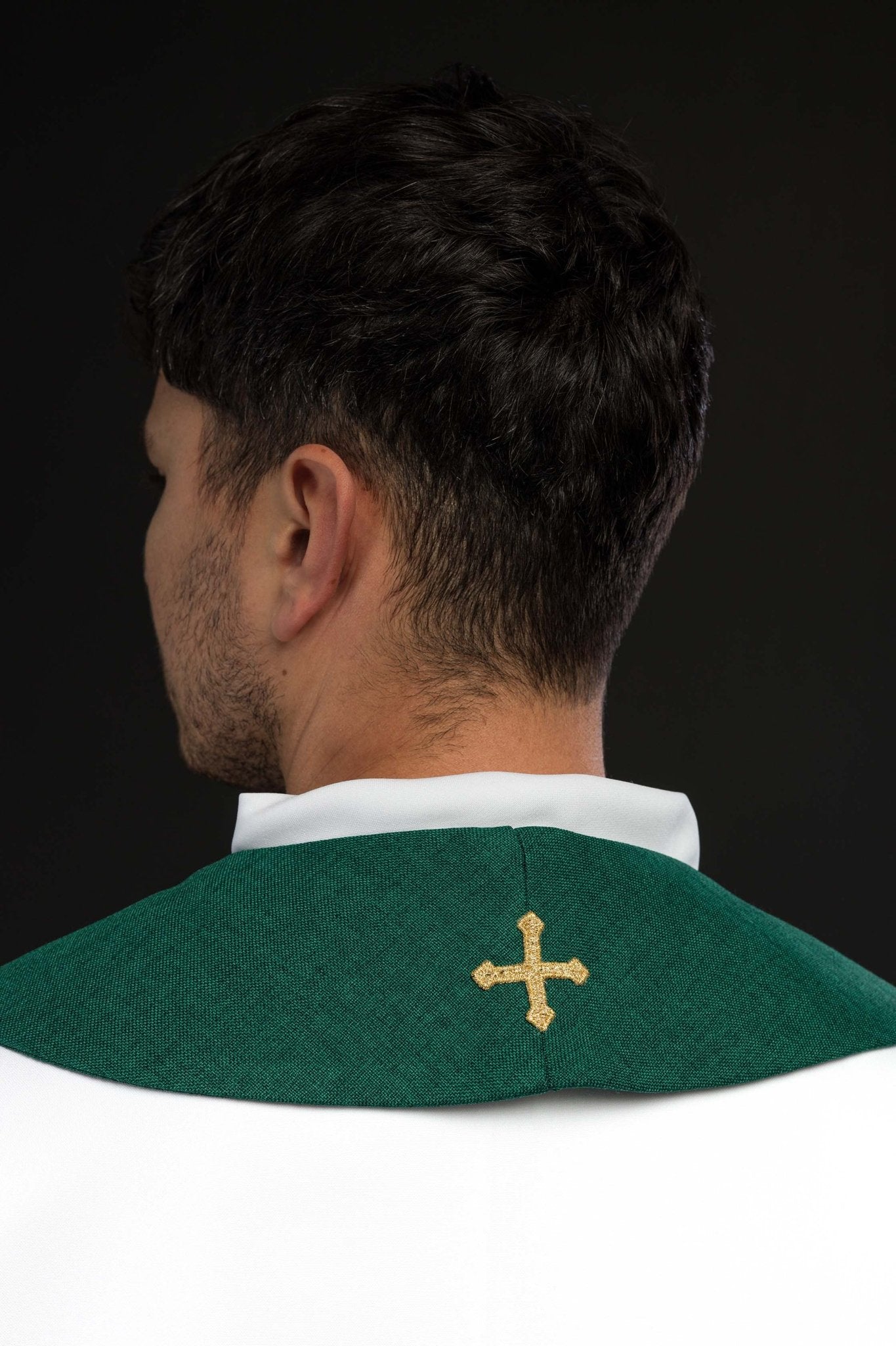 Green Embroidered Velvet Stole with IHS Motif S-2055-01-70 - CHASUBLES.COM