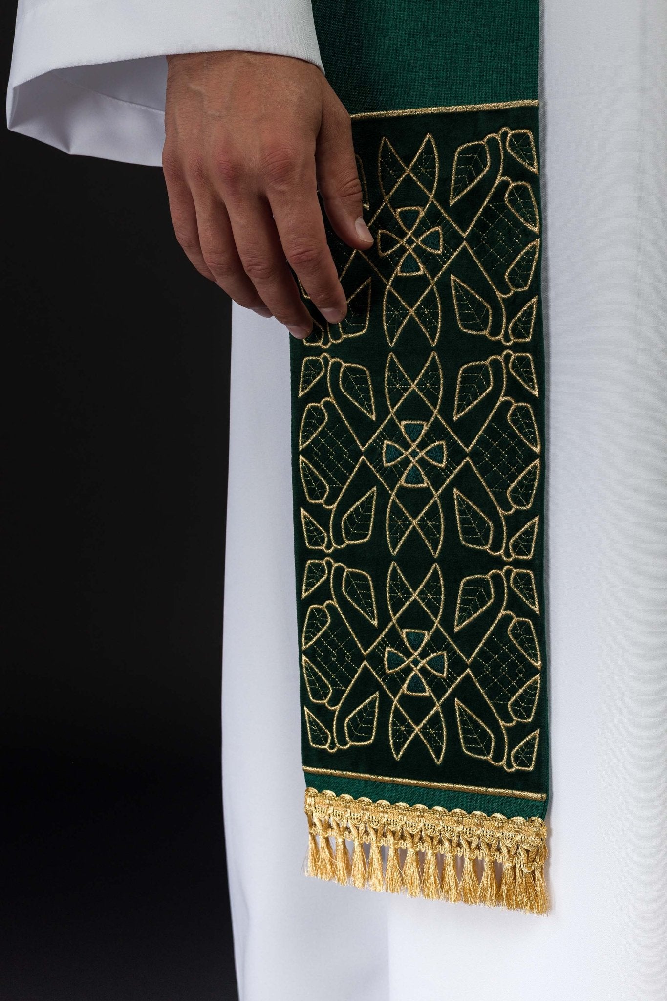 Green Embroidered Velvet Stole with IHS Motif S-2055-01-70 - CHASUBLES.COM