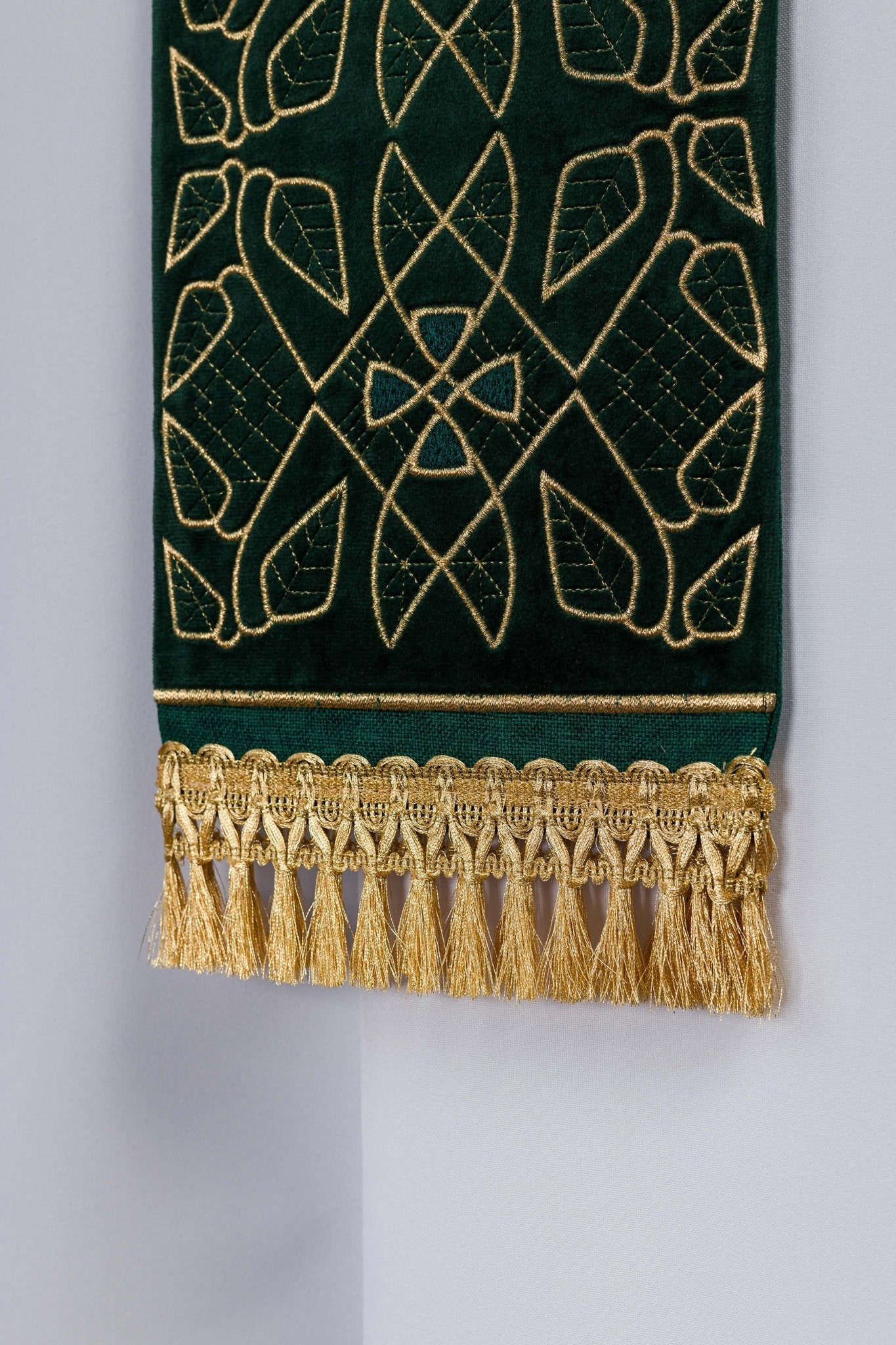 Green Embroidered Velvet Stole with IHS Motif S-2055-01-70 - CHASUBLES.COM