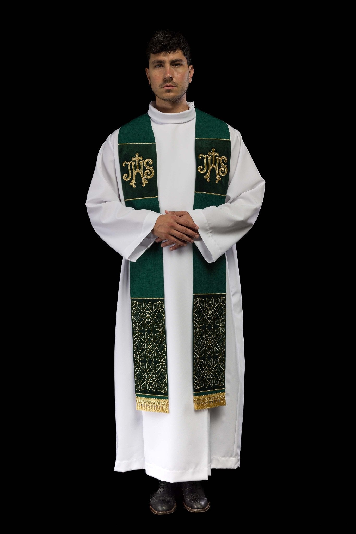 Green Embroidered Velvet Stole with IHS Motif S-2055-01-70 - CHASUBLES.COM