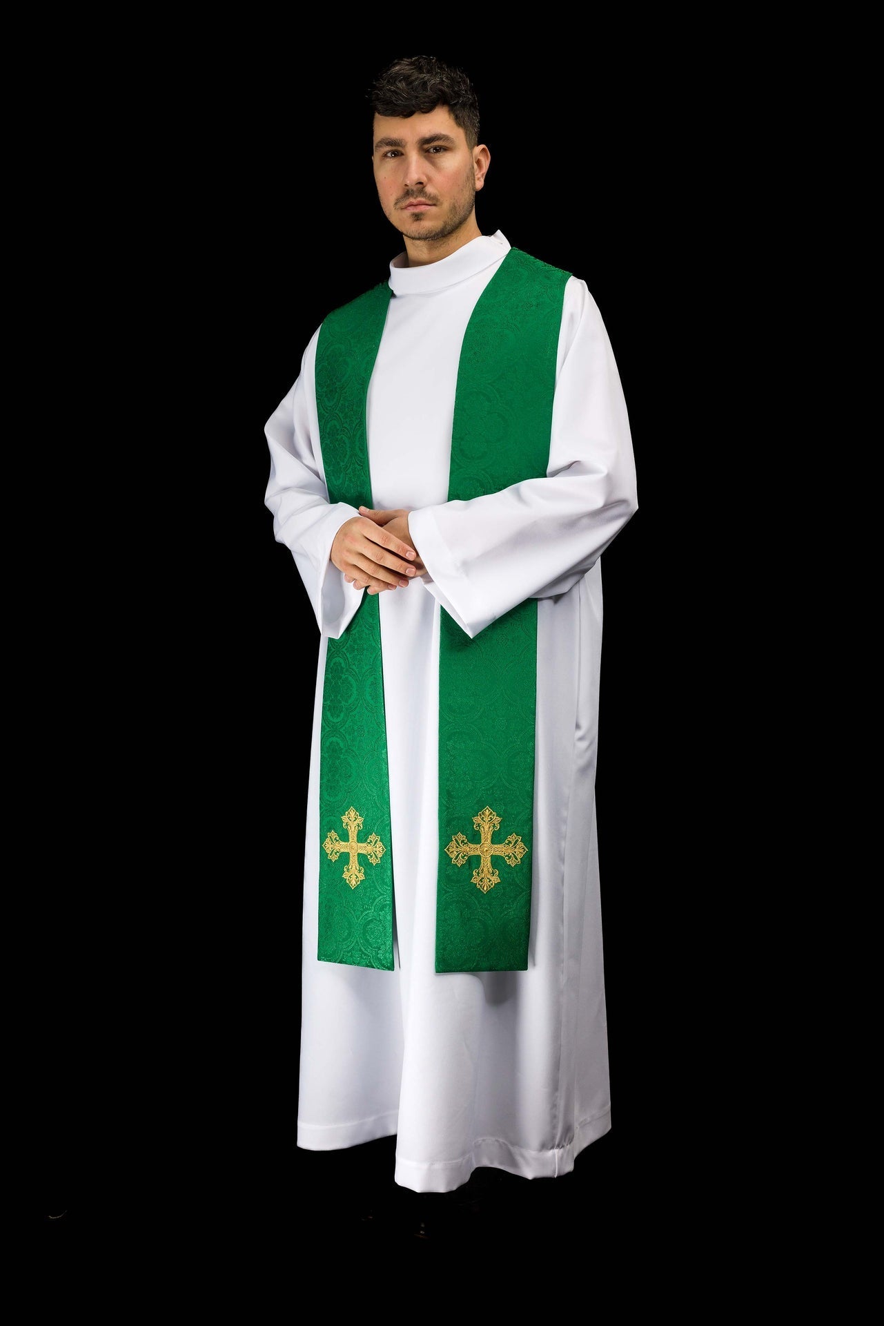 Green jacquard stole embroidered with a cross motif KST/967/01/11 - CHASUBLES.COM