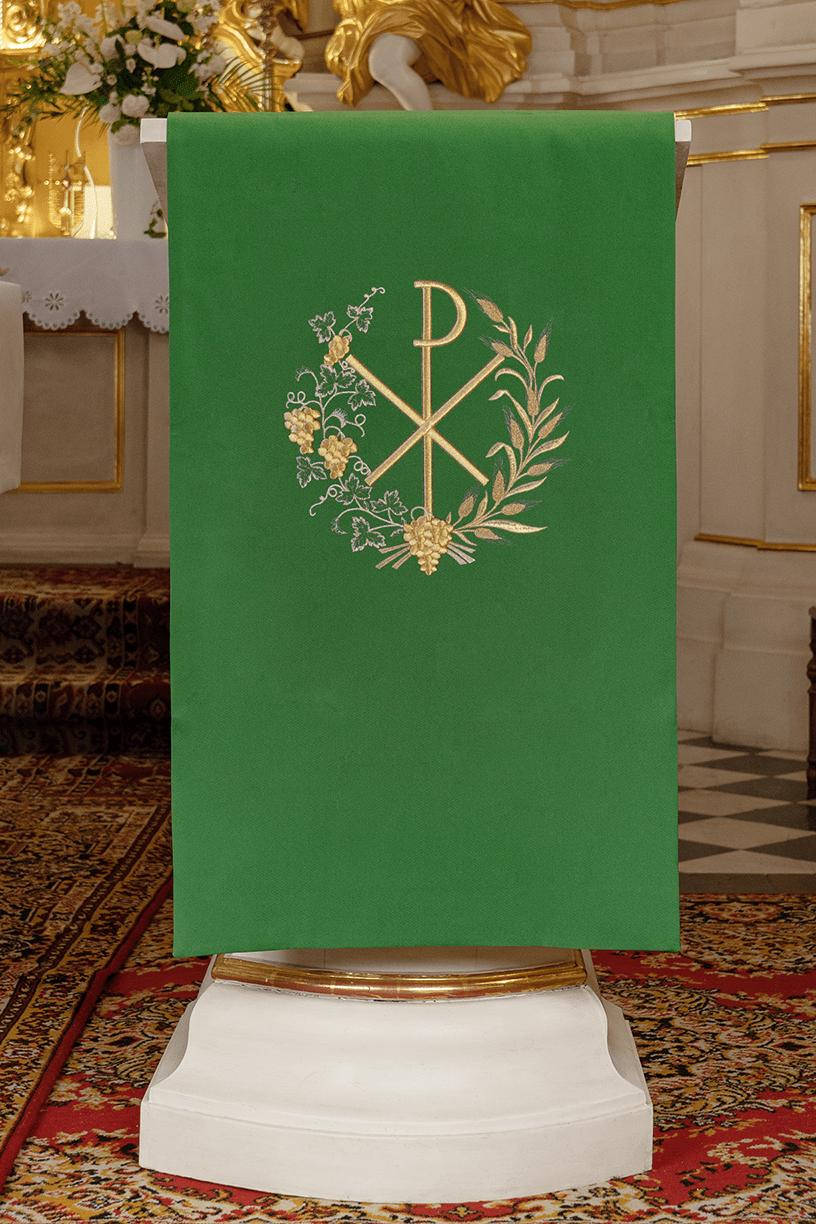 Green lectern cover embroidered with a PAX motif KMO/012/01/01 ZIELONY 55*250 - HAFTINAUSA.COM