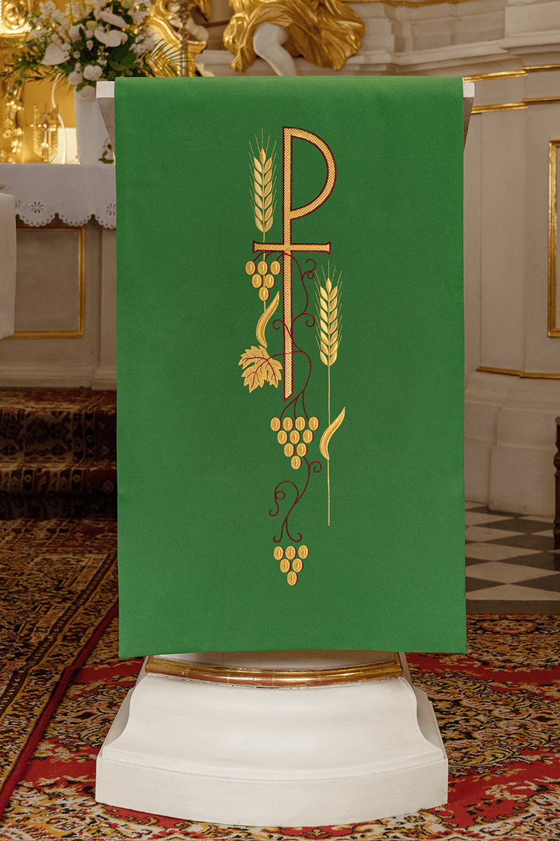 Green lectern cover with embroidered PAX symbol KMO/001/01/01 ZIELONY 55*250 - HAFTINAUSA.COM