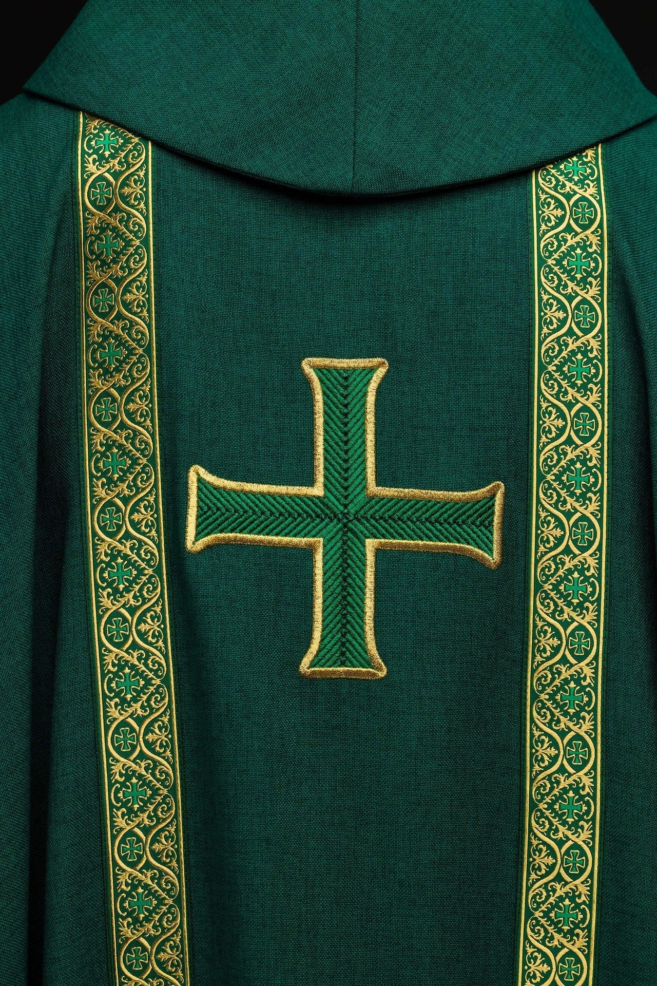 Green liturgical chasuble with embroidered cross and jacquard bands KOR/975/01/70 - CHASUBLES.COM