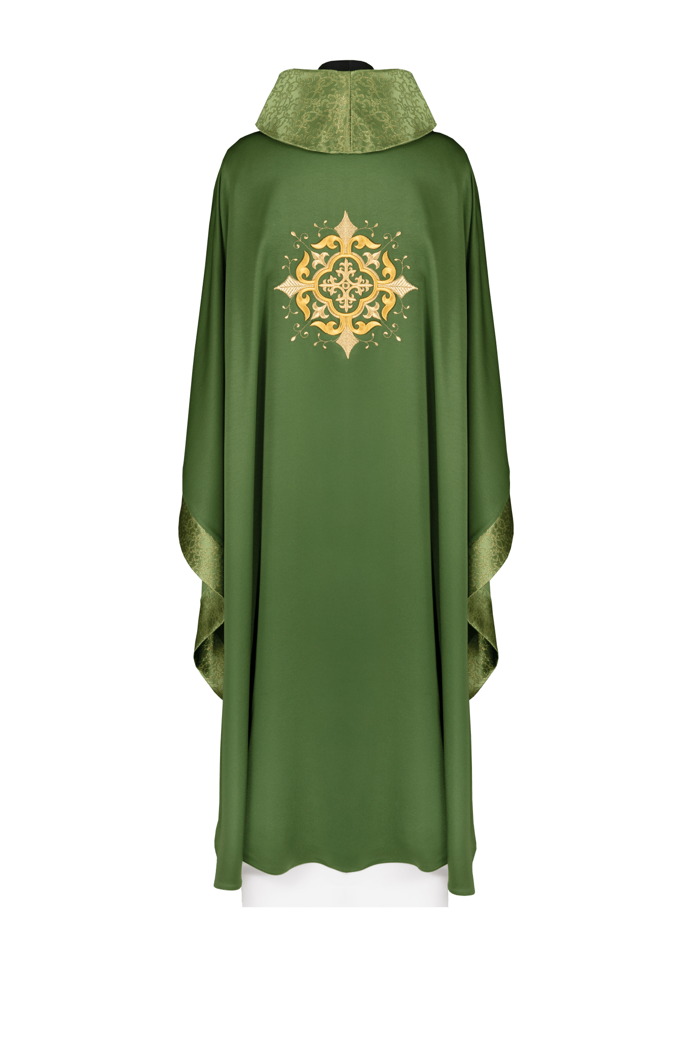 Green liturgical chasuble with embroidered cross motif and rich detailing KDT/7021/01/53 - CHASUBLES.COM