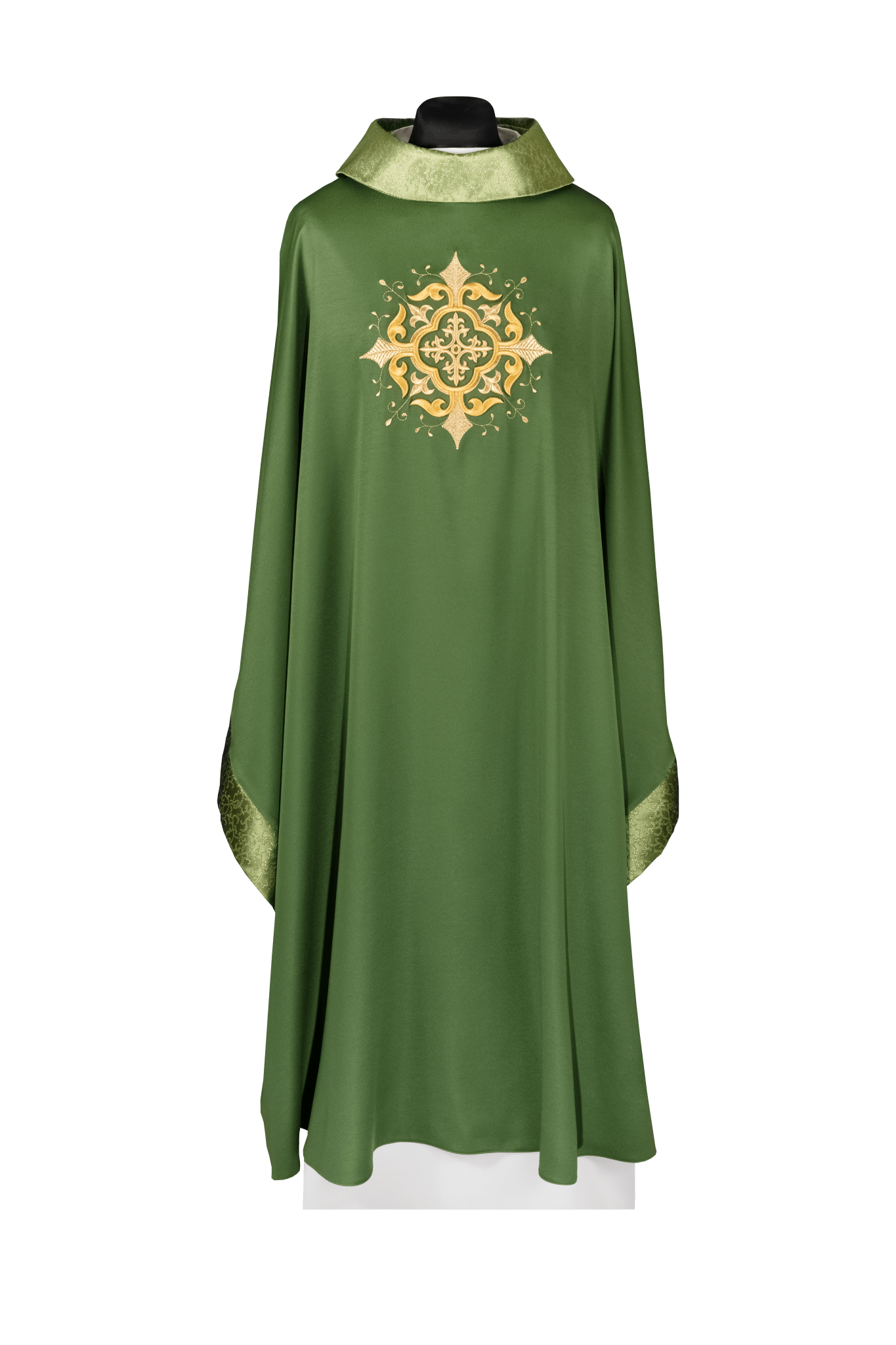 Green liturgical chasuble with embroidered cross motif and rich detailing KDT/7021/01/53 - CHASUBLES.COM