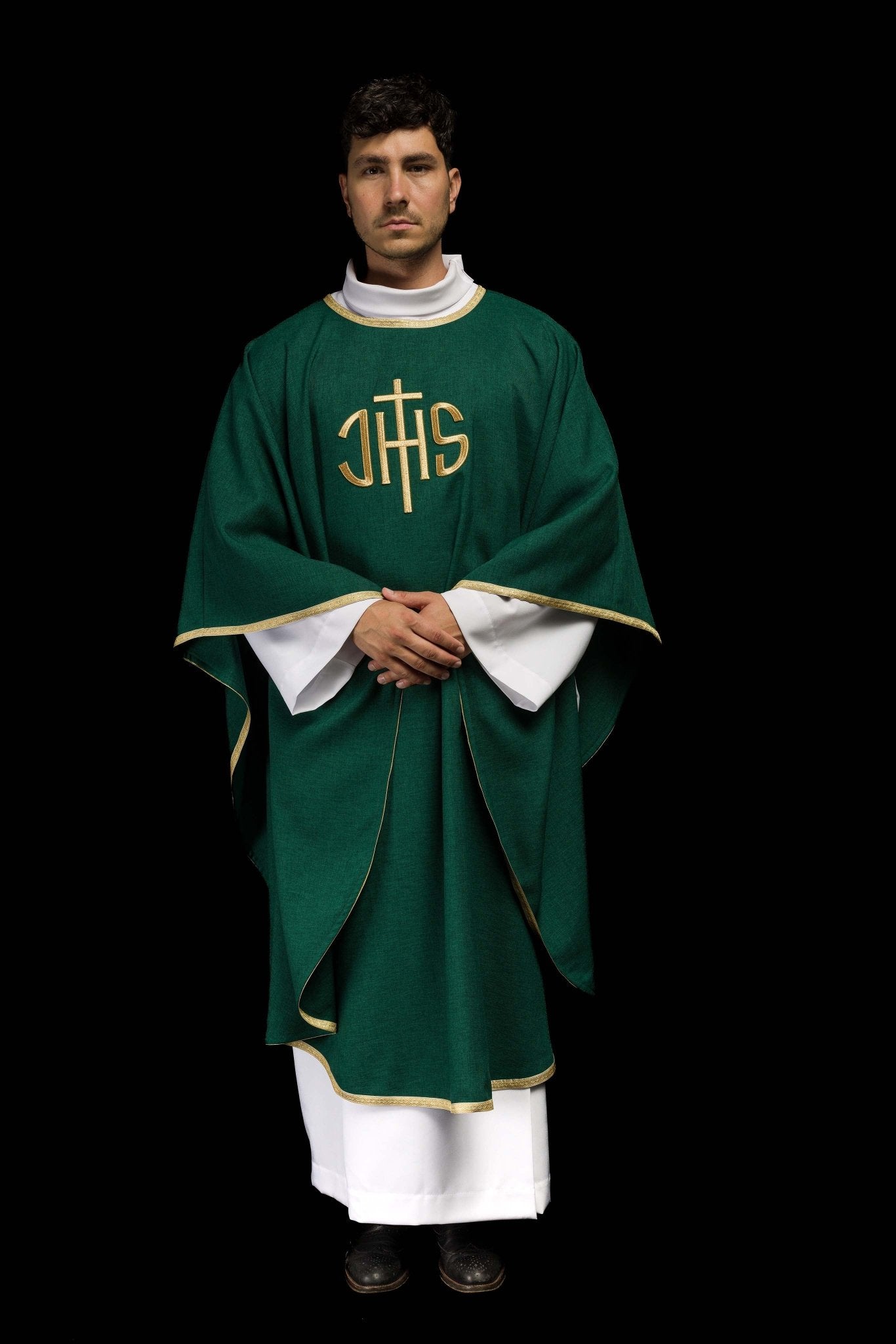 Green Liturgical Chasuble with Gold IHS Embroidery KOA/001/01/70 - CHASUBLES.COM