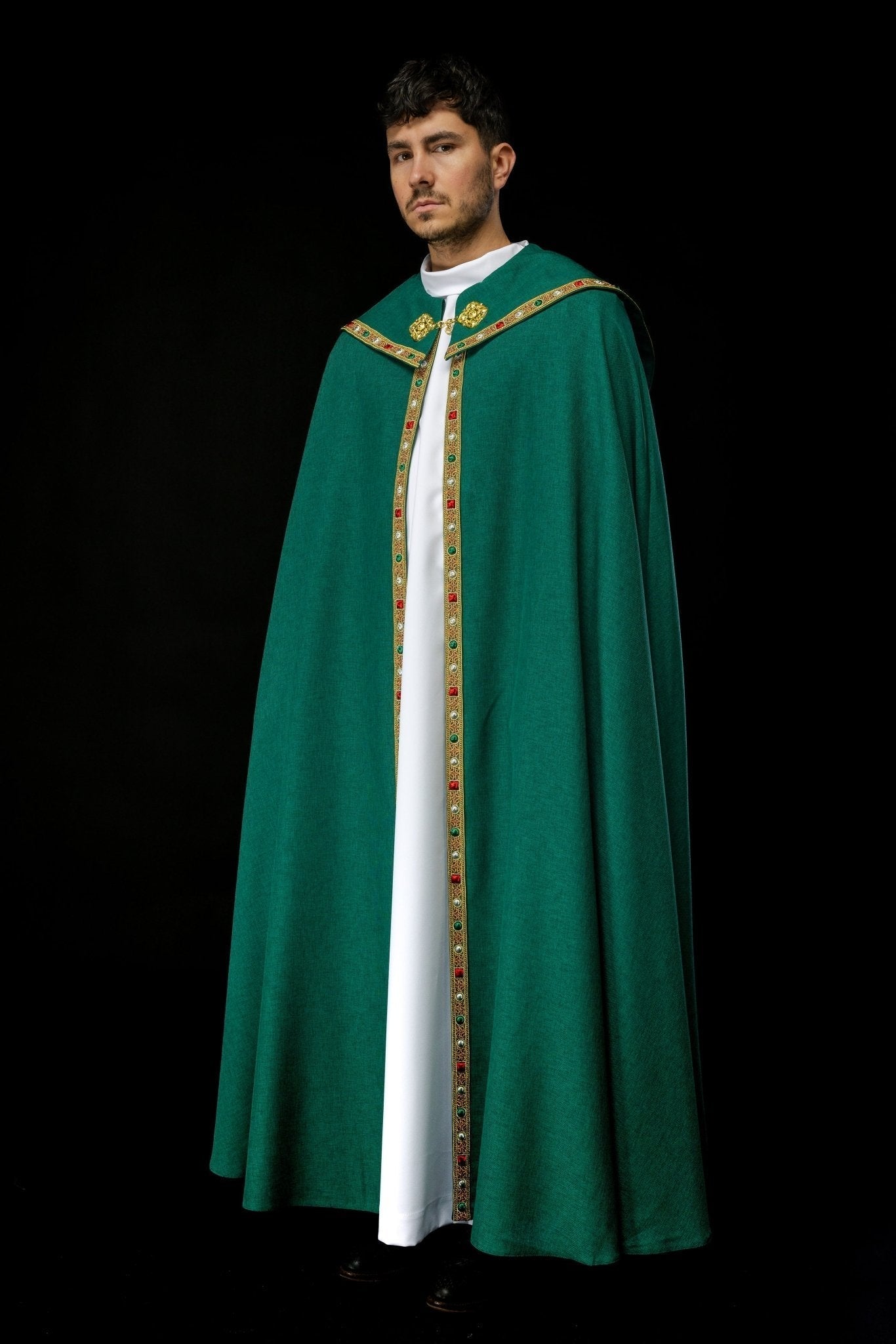 Green liturgical cope with classic JHS embroidery S - 3067 - 01 - 70 150cm - HAFTINAUSA.COM