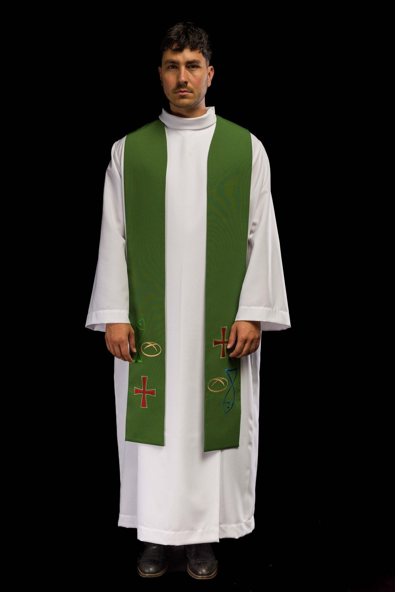 Green priestly stole embroidered with Bread Cross Fish motif KST/007/01/12 ZIELONY - HAFTINAUSA.COM