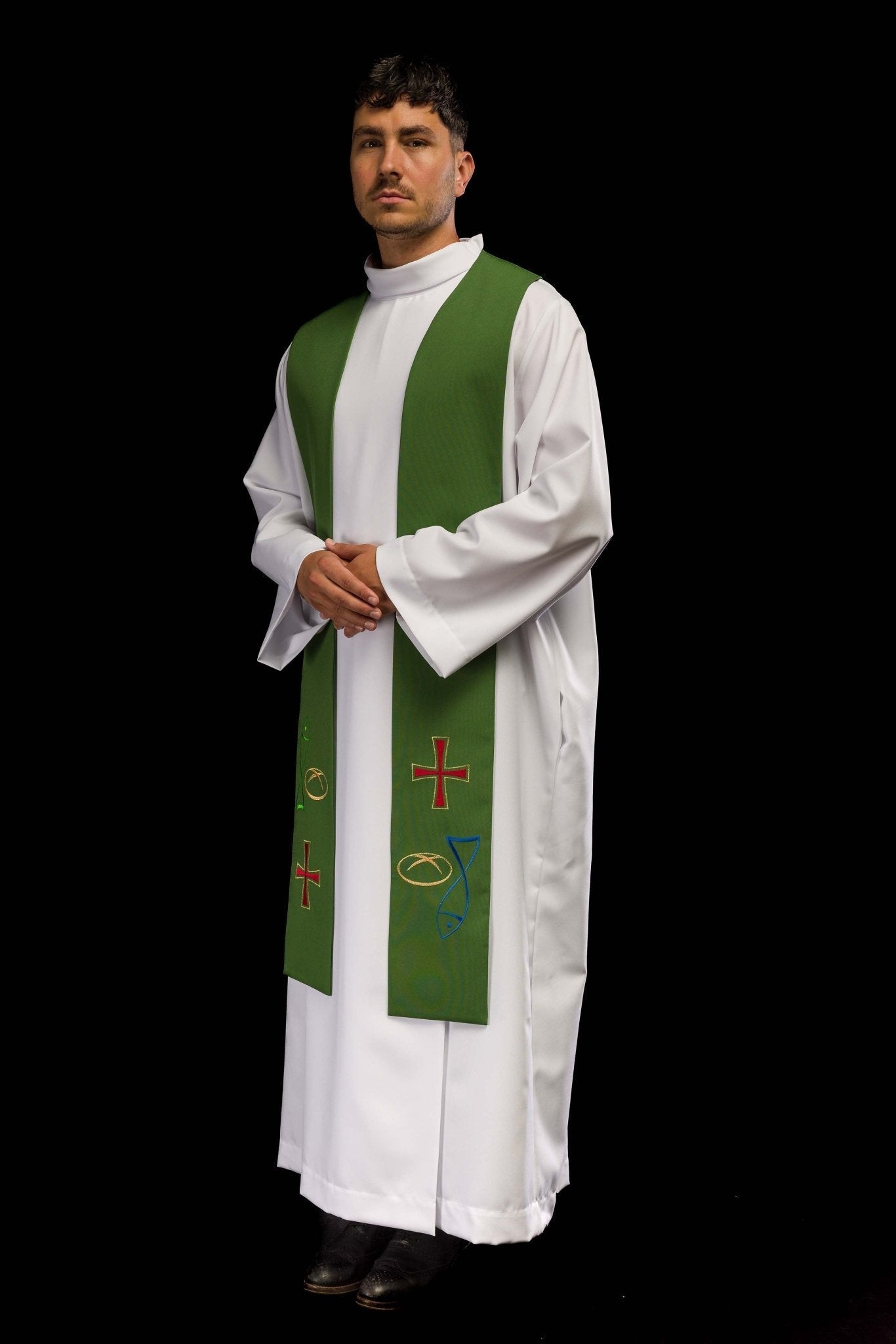 Green priestly stole embroidered with Bread Cross Fish motif KST/007/01/12 ZIELONY - HAFTINAUSA.COM