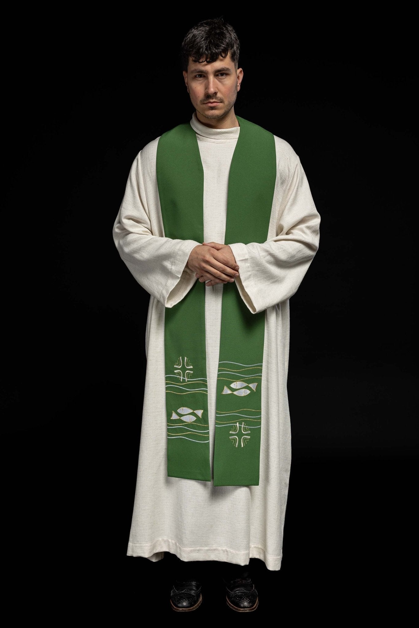 Green priestly stole with embroidered Fish motif KST/022/01/01 ZIELONY - HAFTINAUSA.COM