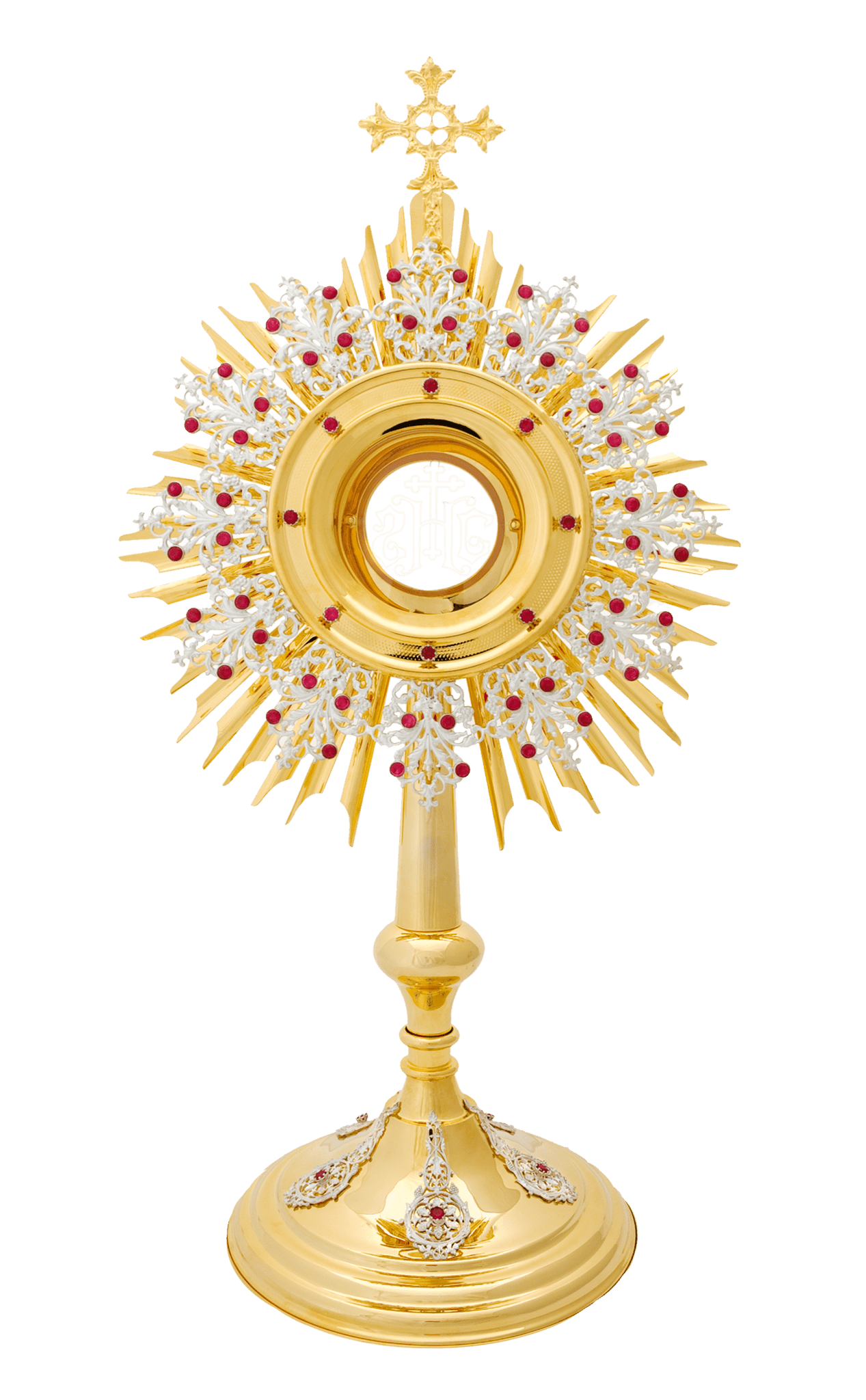 Handcrafted Gold - Plated Brass Monstrance Adorned with Rubies KNR/0102 57CM - HAFTINAUSA.COM