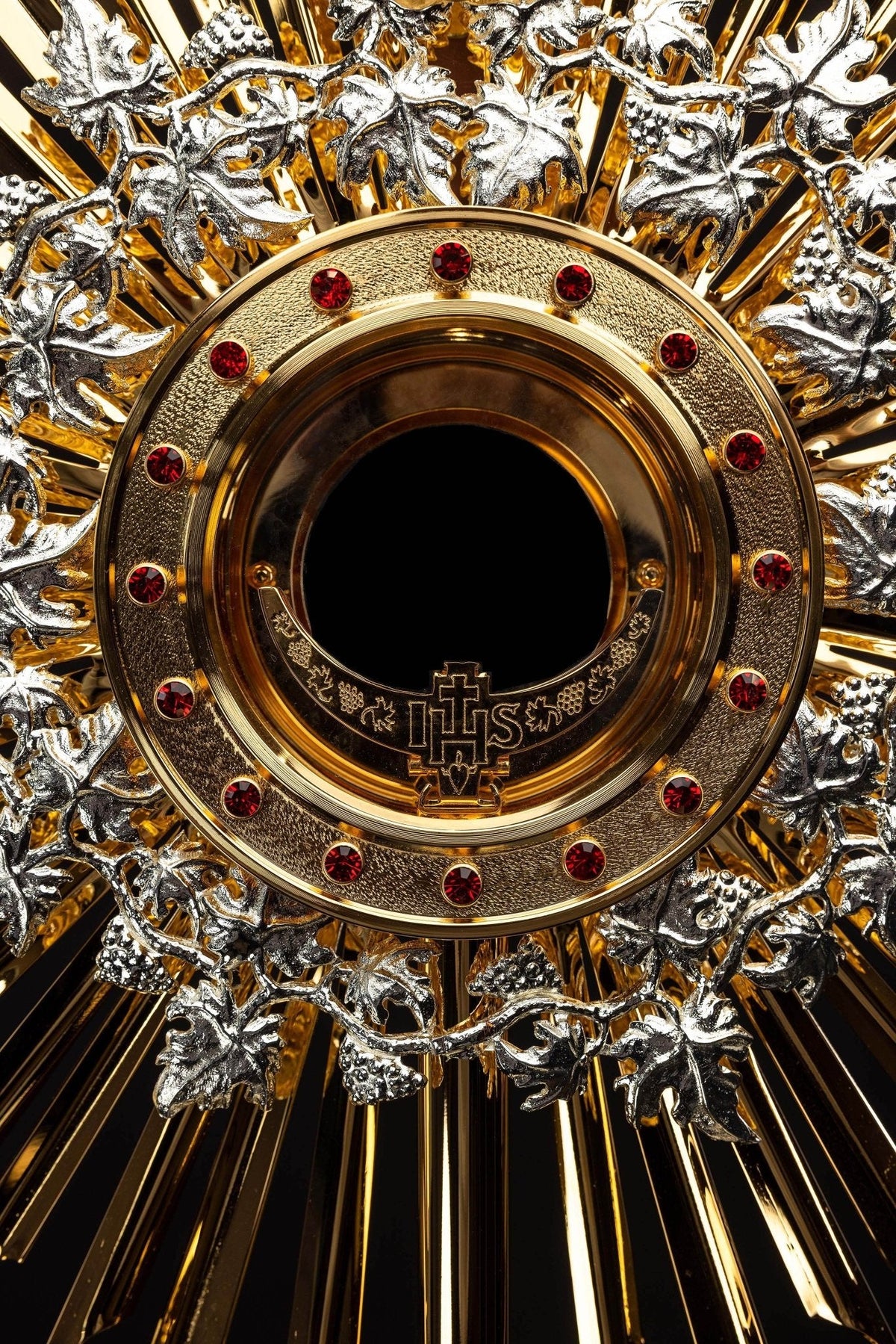 Handmade gilded brass monstrance decorated with rubies KNR/0131 70CM - CHASUBLES.COM