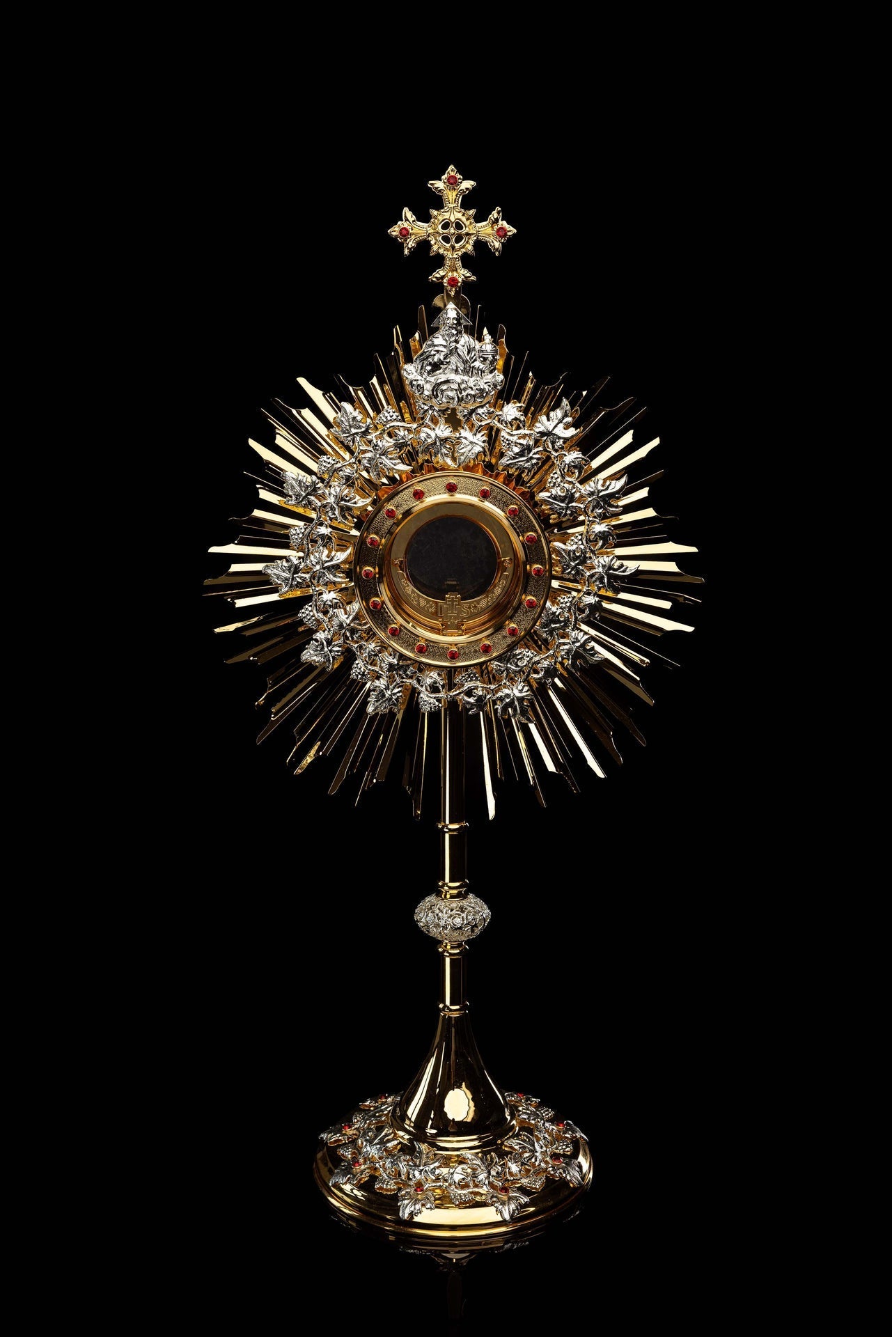 Handmade gilded brass monstrance decorated with rubies KNR/0131 70CM - CHASUBLES.COM