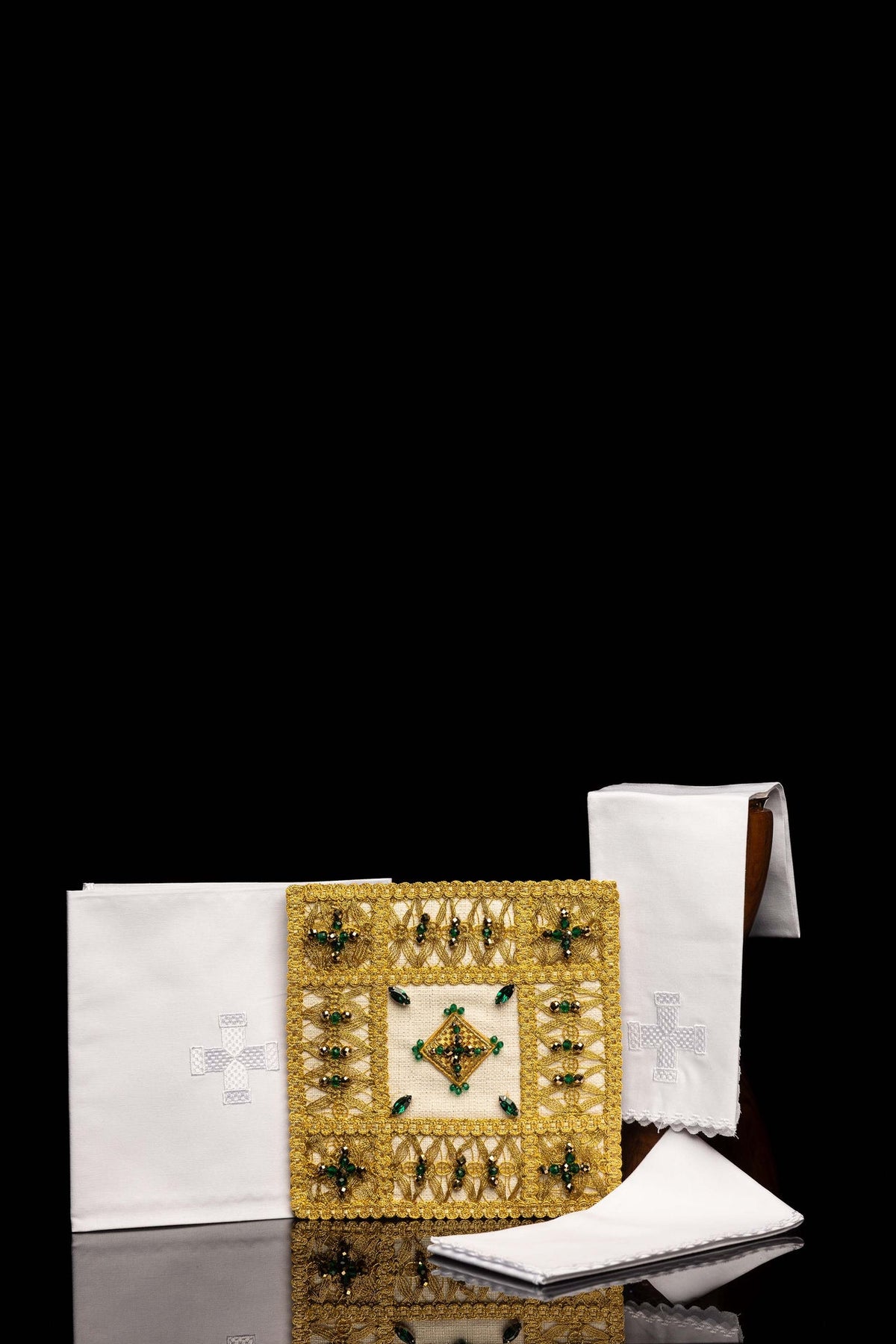 Front view of Handmade Altar Linen Set with Stone-Embellished Chalice Pall 5013 with white linens and gold pall
