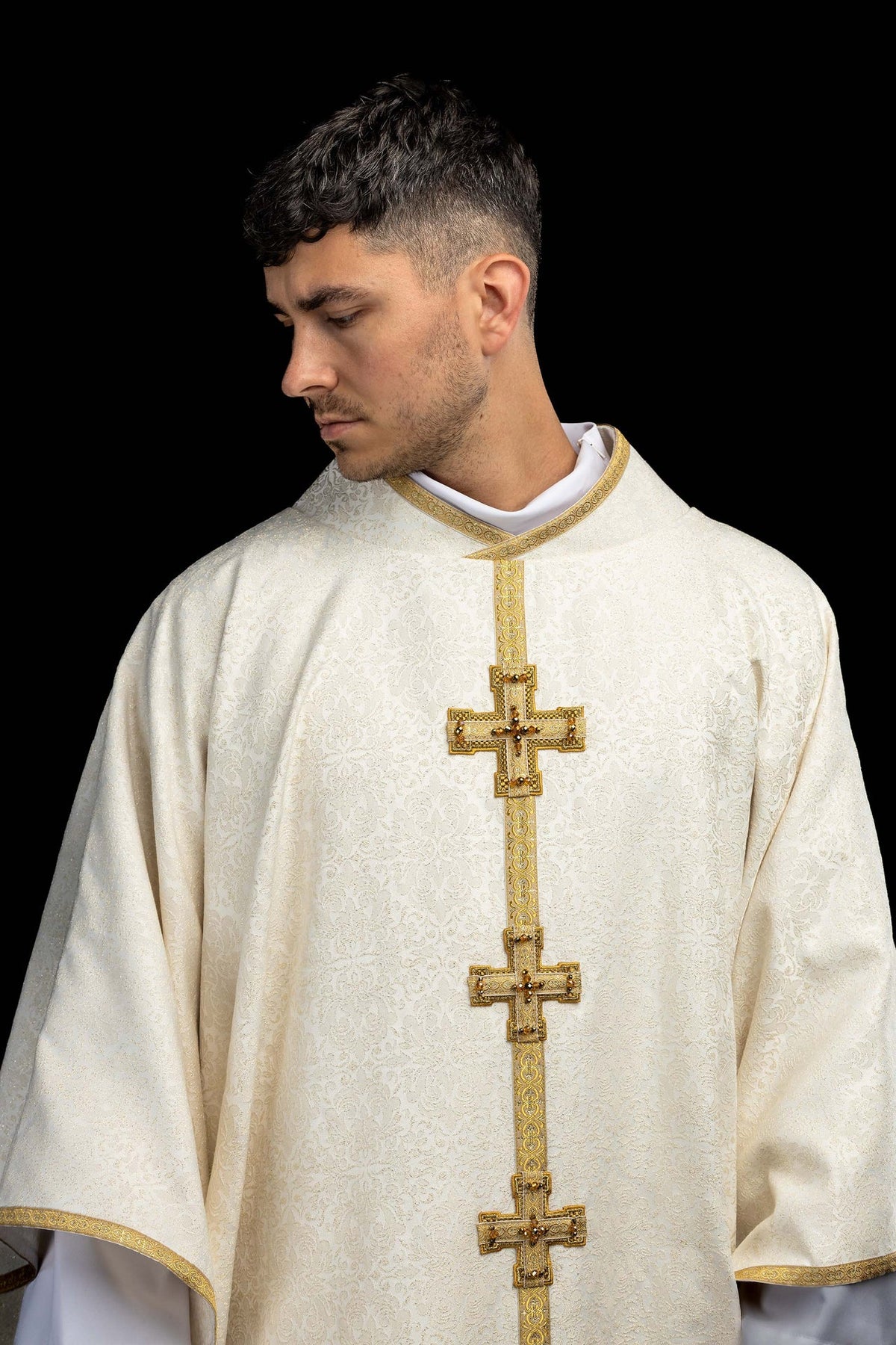 Front view of a Handmade Chasuble Embroidered with 3D Crosses and Natural Stones with gold trim