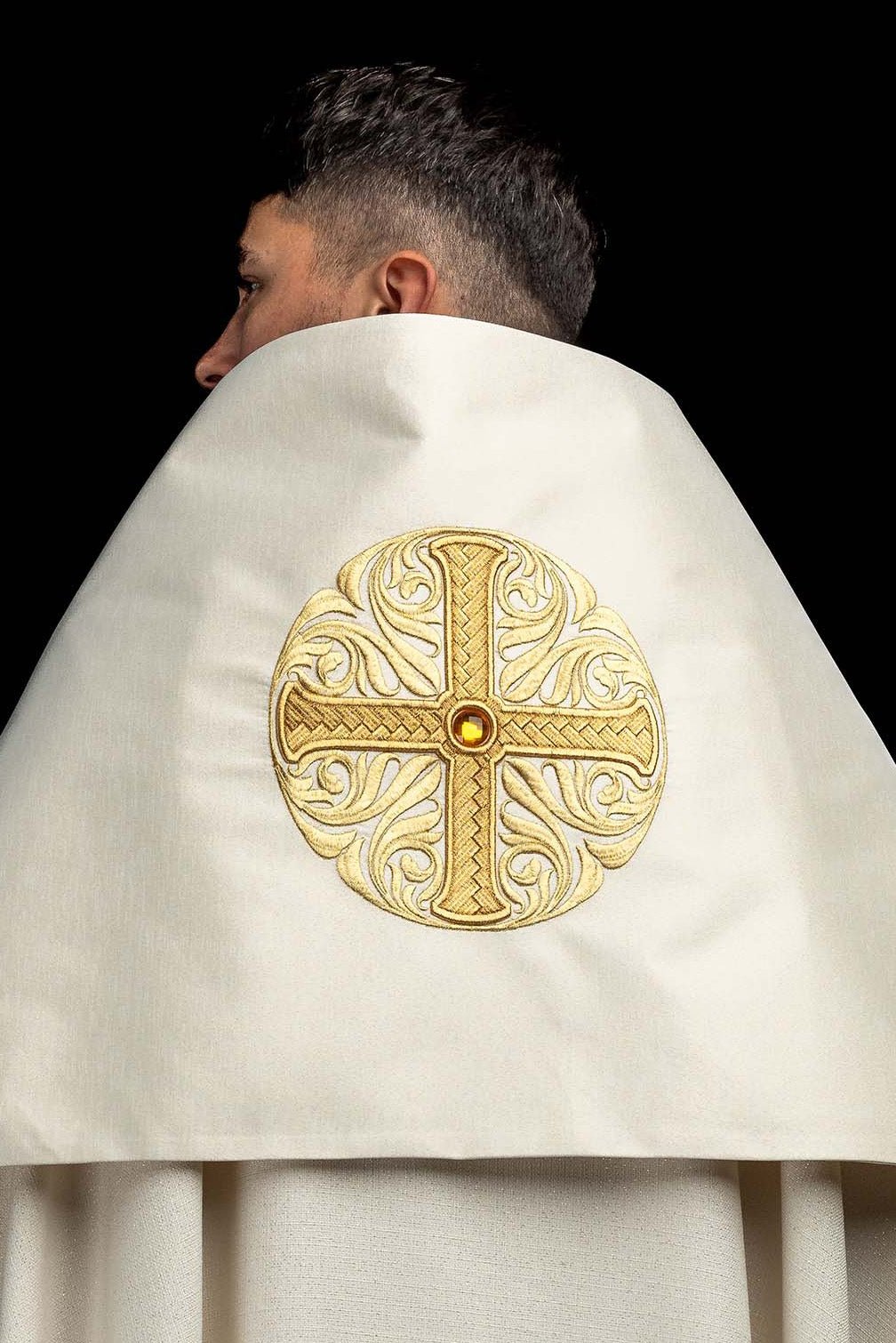 Back view of a Humeral Veil with Embroidered Cross Motif and Decorative Stone, ecru with a gold cross