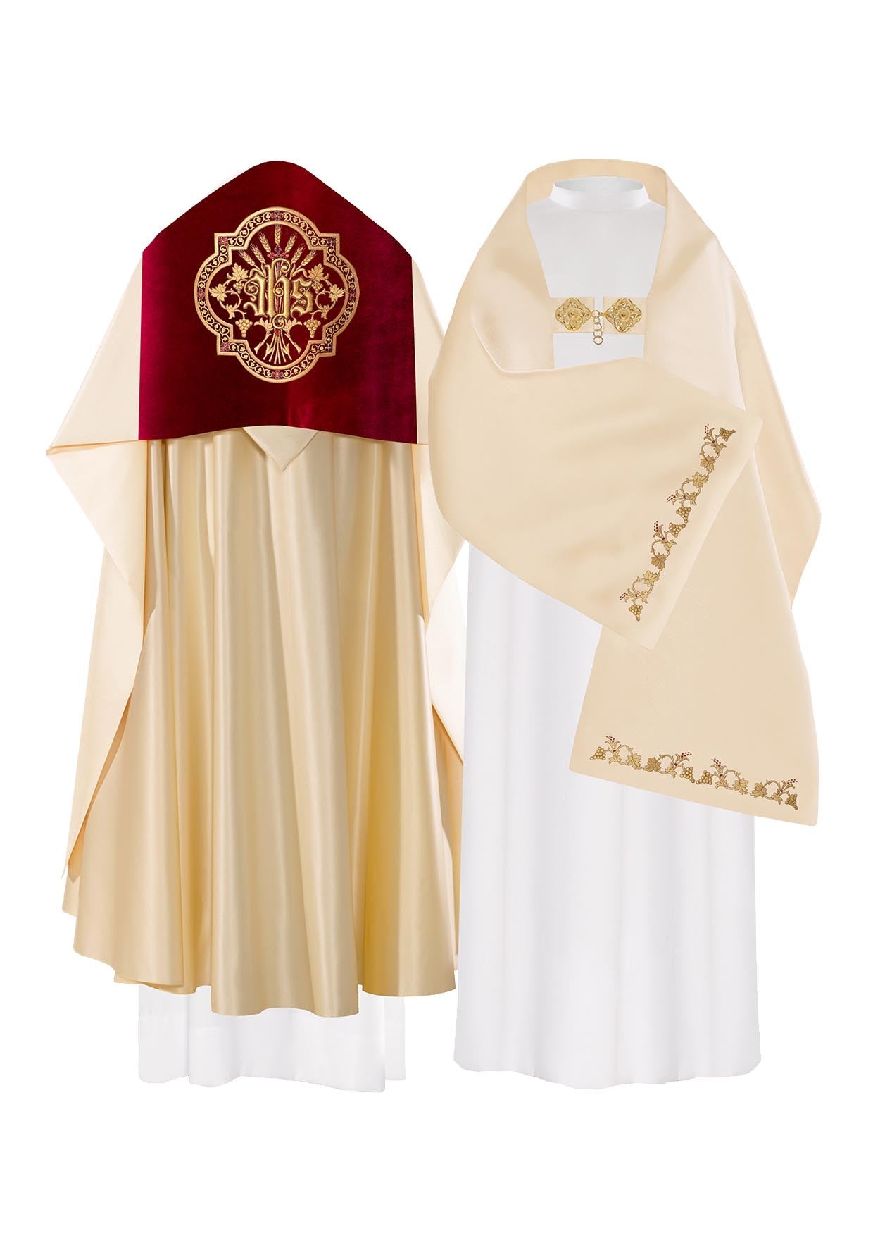 IHS embroidered veil on a burgundy amice KWL/004/05/20/PA 50*270 ECRU SAT. - HAFTINAUSA.COM