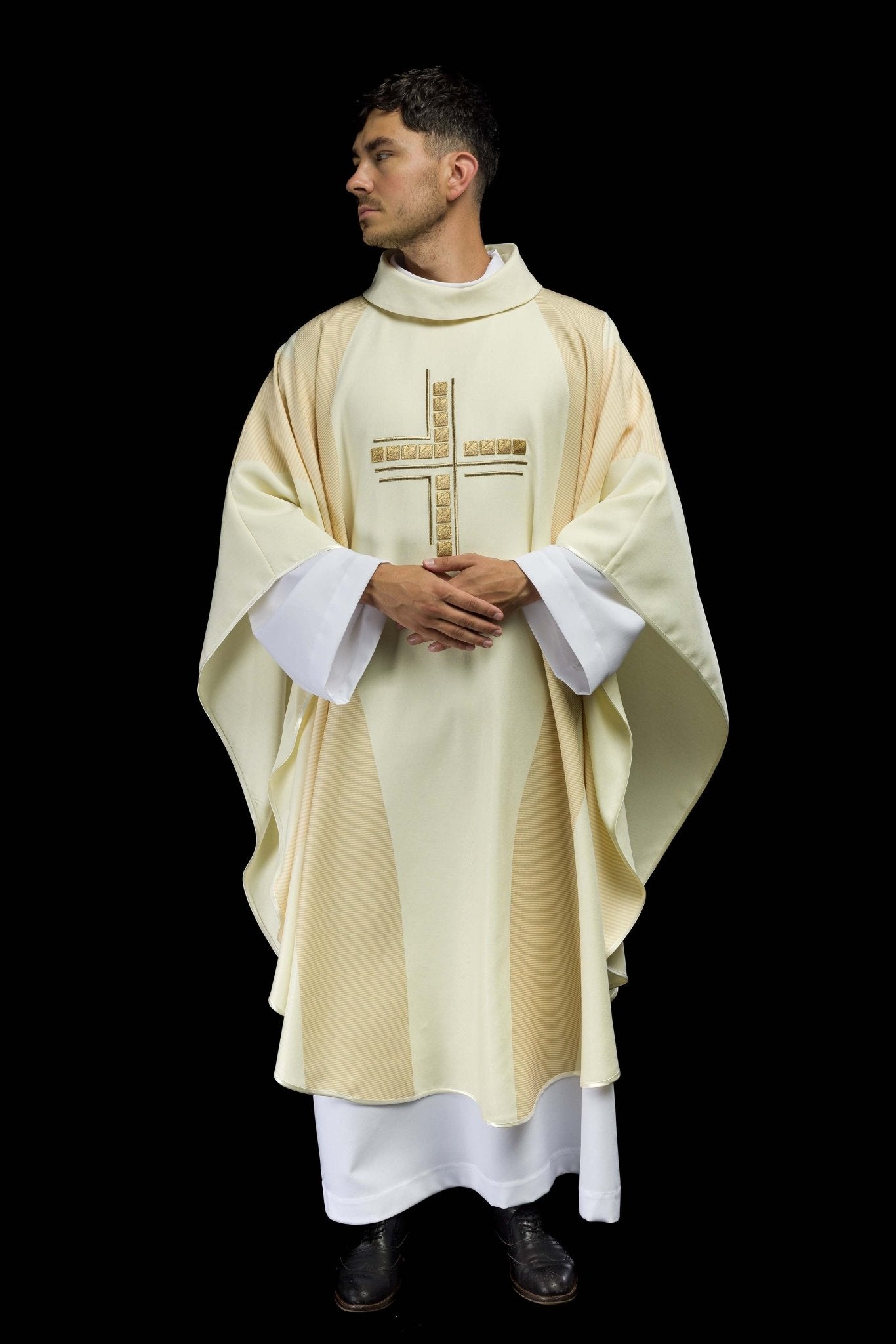 Ivory priests chasuble with printed cross design HA7036-05 ECRU - CHASUBLES.COM