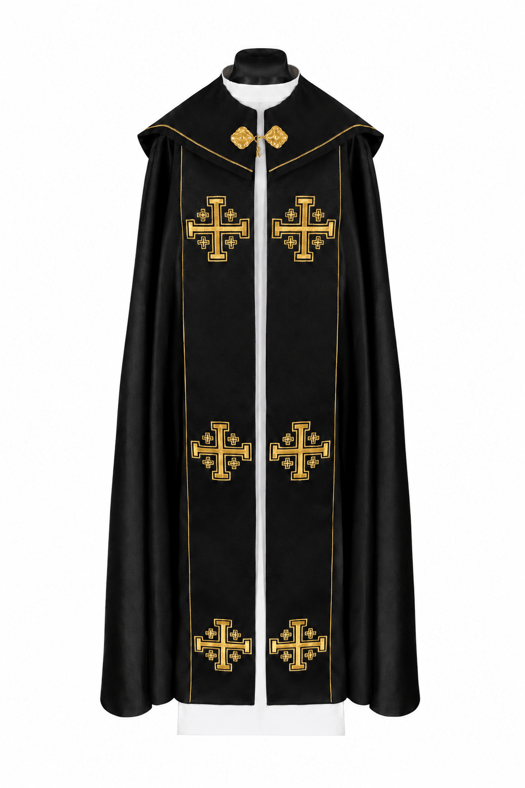 Front view of a Black Cope Trimmed with an Orphrey and Embroidered Jerusalem Crosses