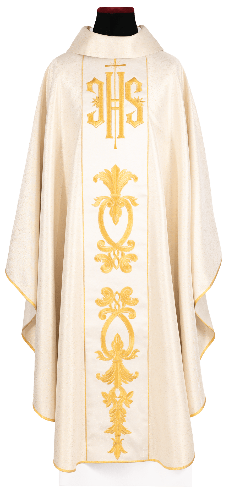 Front view of a Gold Chasuble Embroidered with a Gold Motif and a Wide IHS Band