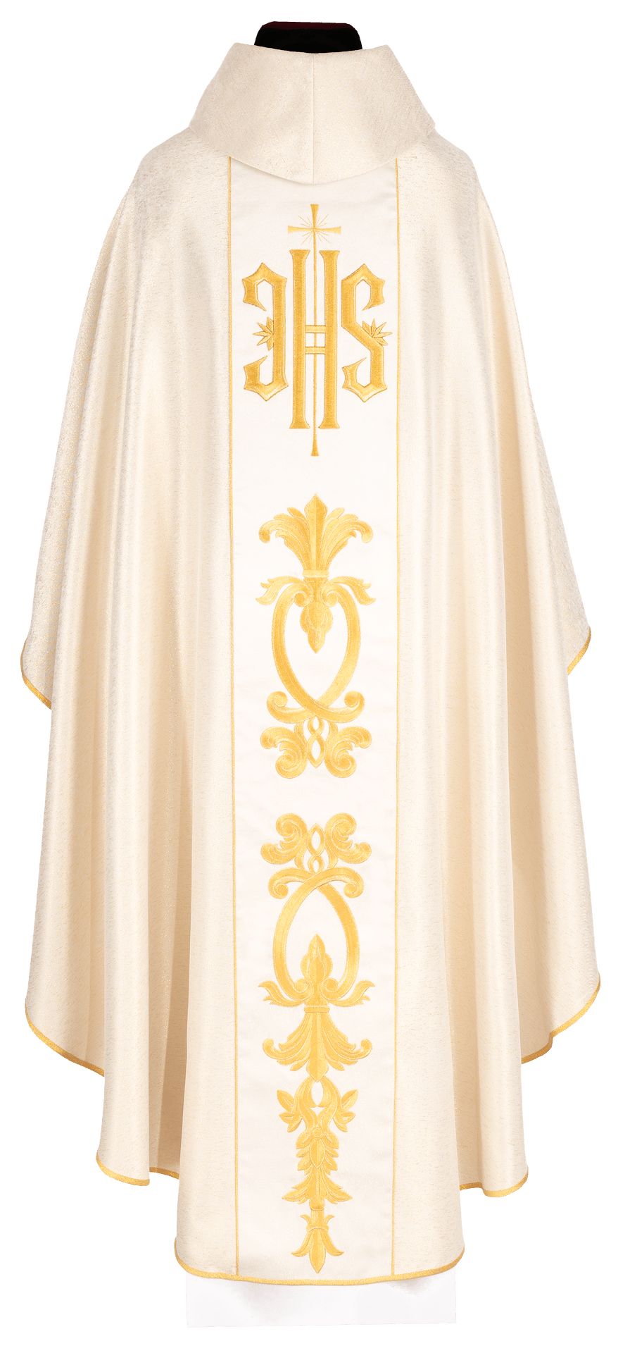 Back view of the gold chasuble with a wide IHS band and ornate gold embroidery