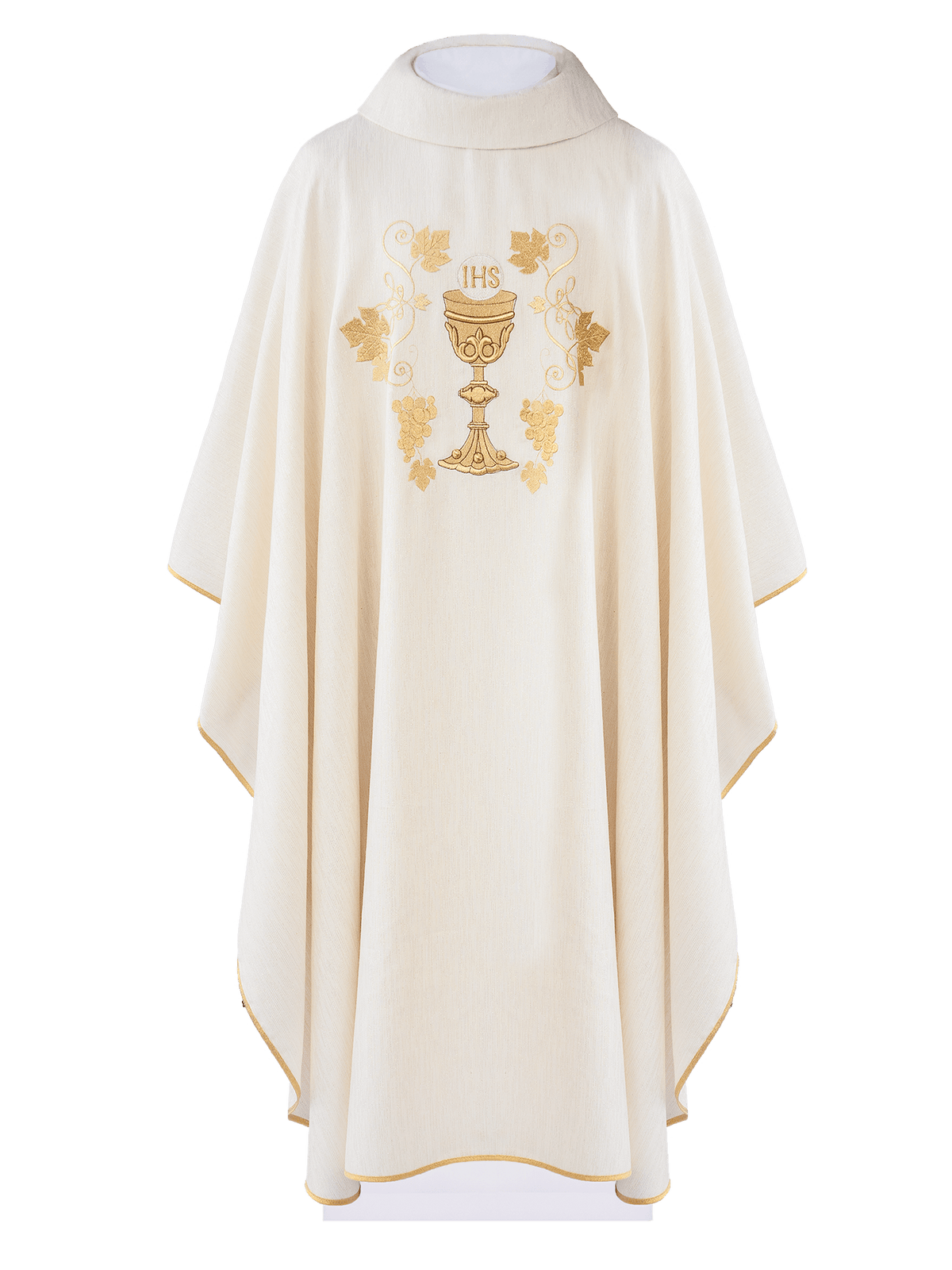 Front view of Ecru Chasuble Embroidered with Chalice and Vine Motif with gold chalice and vines