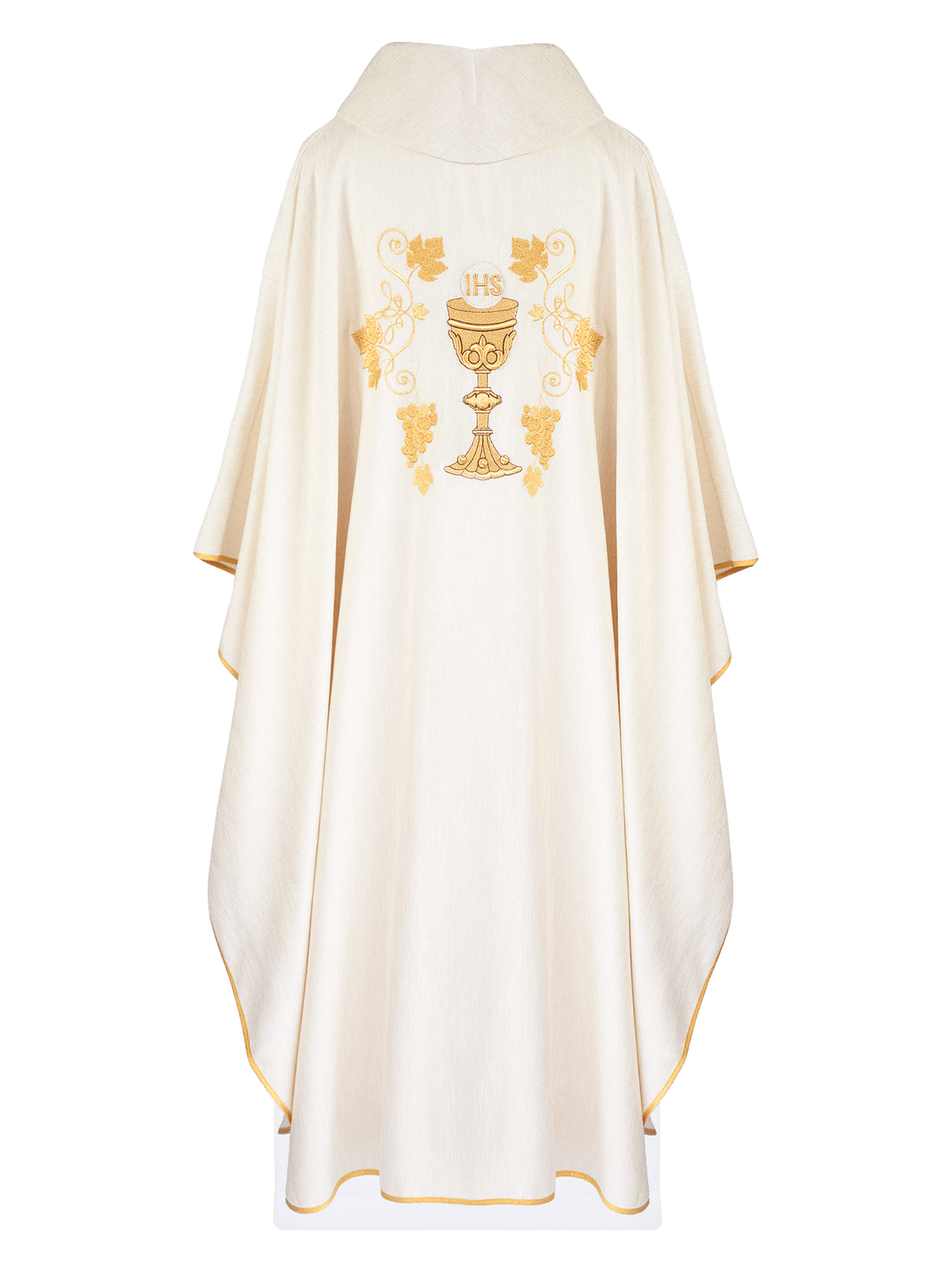 Back view of ecru chasuble with gold chalice, IHS and vine embroidery